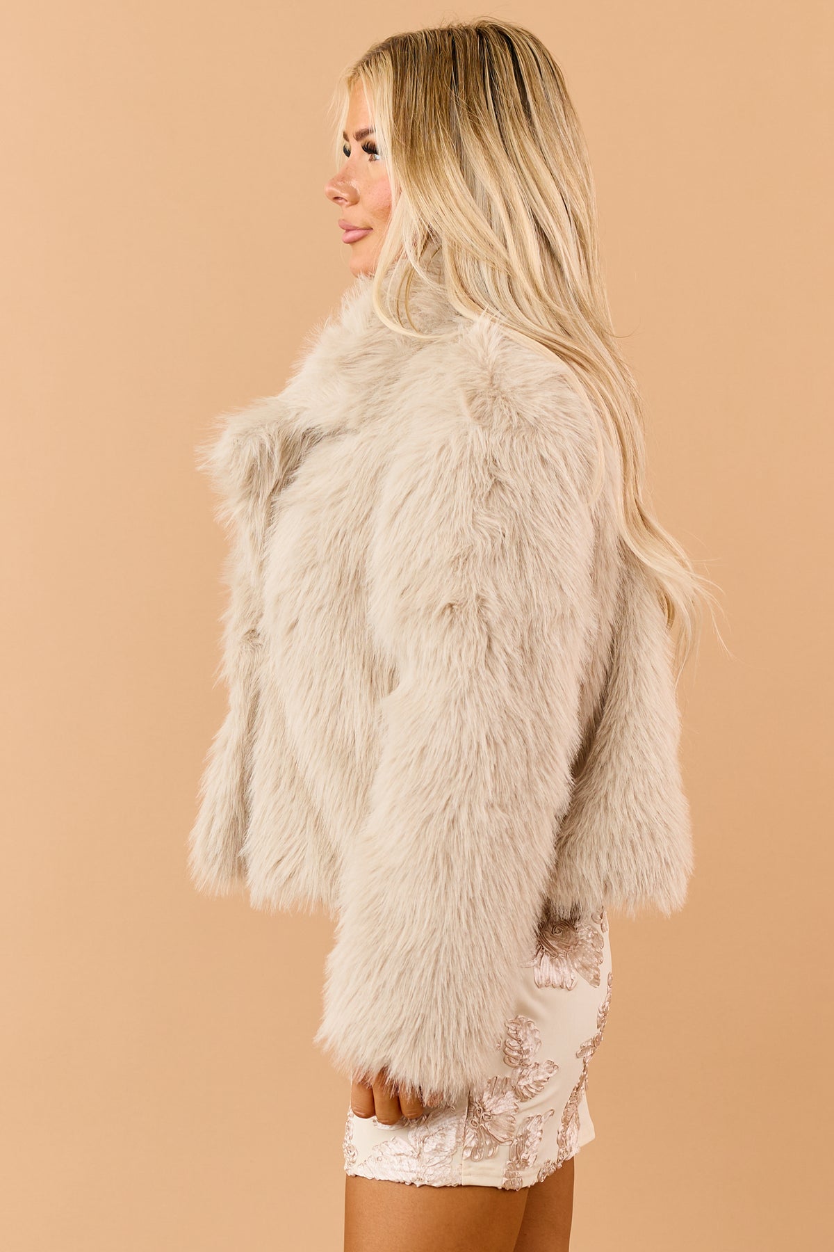 Almond Faux Fur Shawl Collar Hook Closure Coat