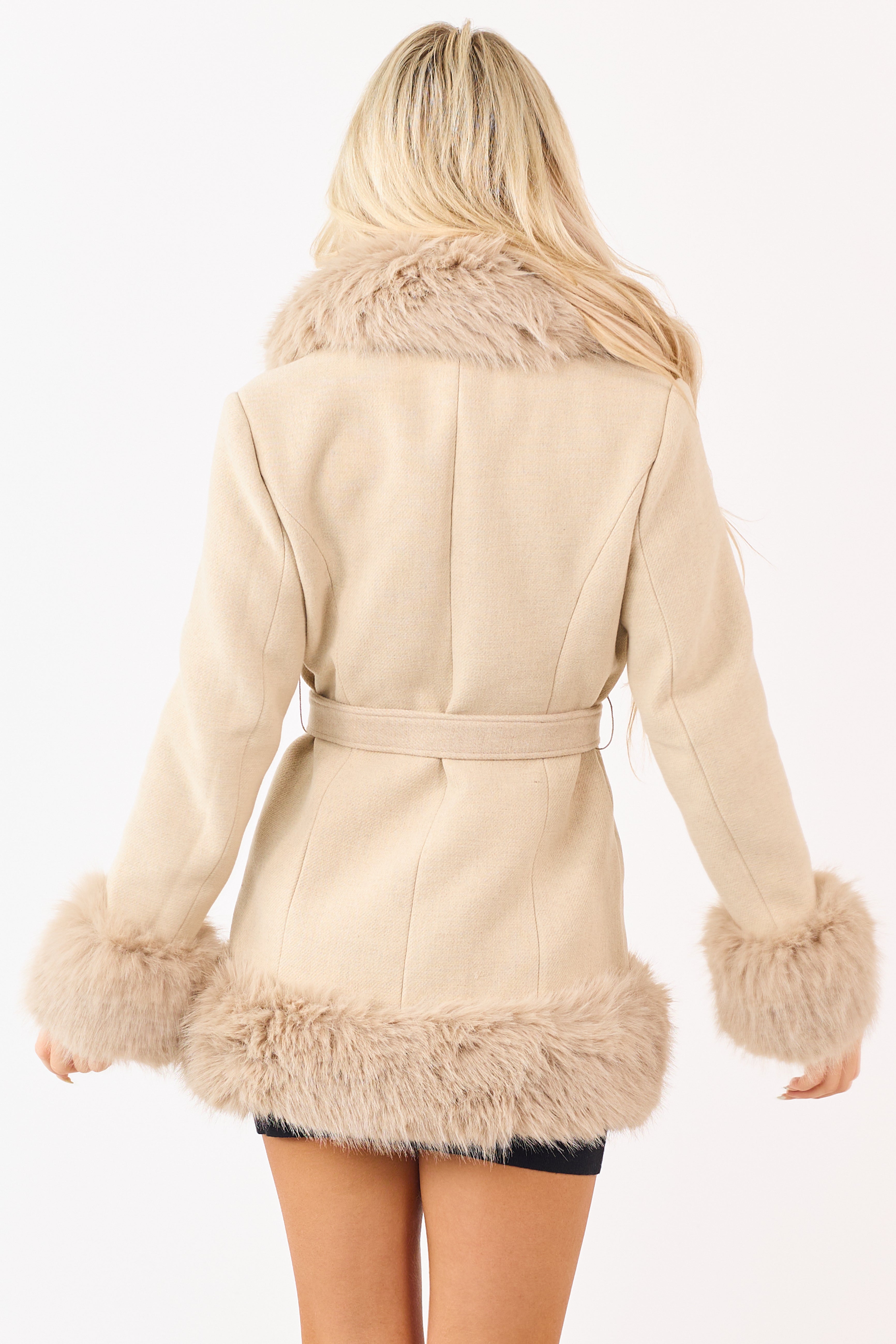 Almond Faux Fur Trim Double Breasted Jacket