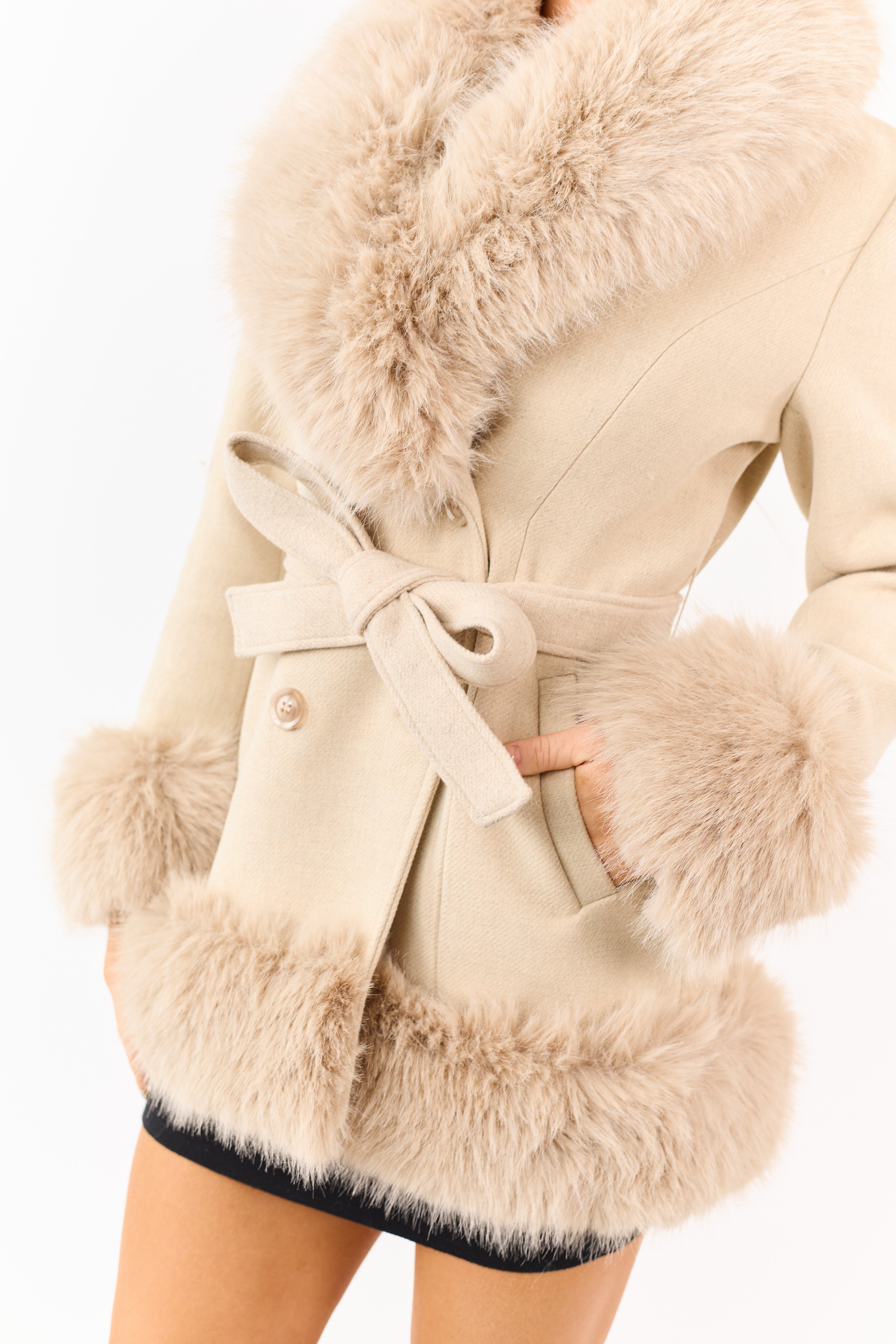 Almond Faux Fur Trim Double Breasted Jacket