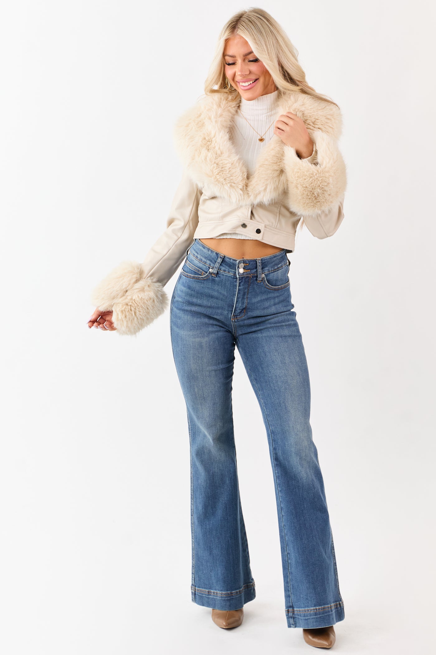 Almond Faux Leather Opulent Faux Fur Trim Crop Coat