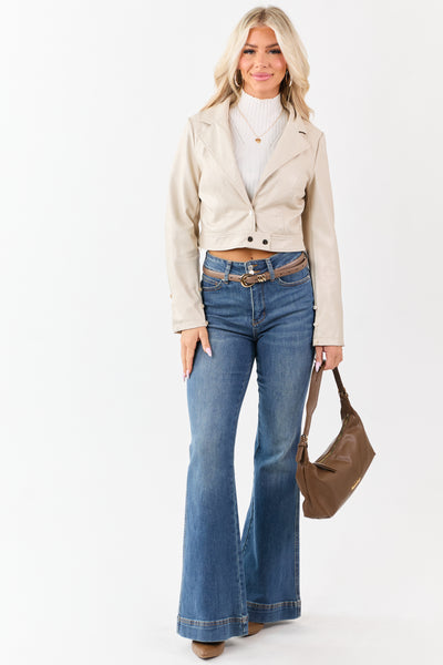 Almond Faux Leather Opulent Faux Fur Trim Crop Coat