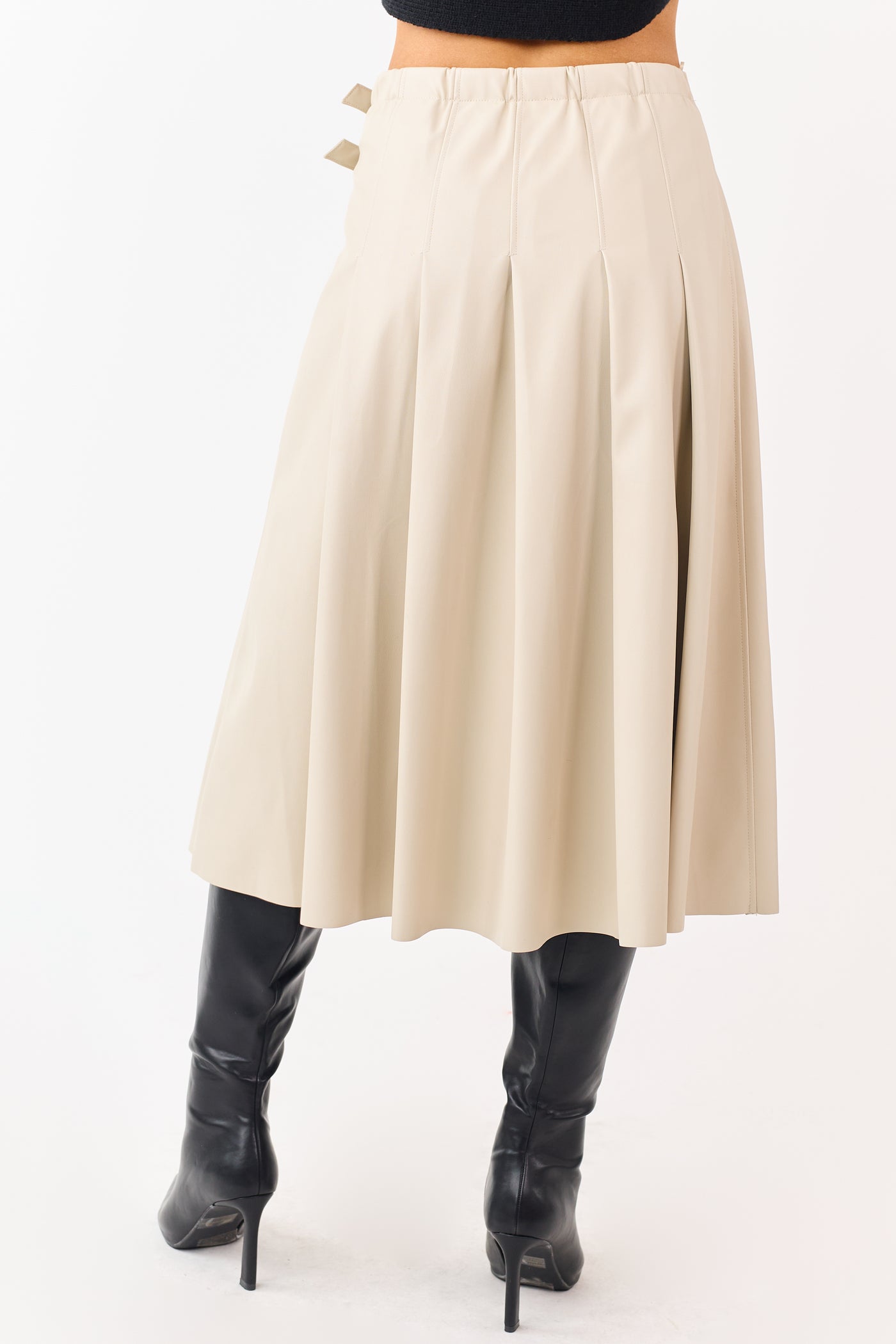 Almond Faux Leather Pleated Wrap Style Midi Skirt