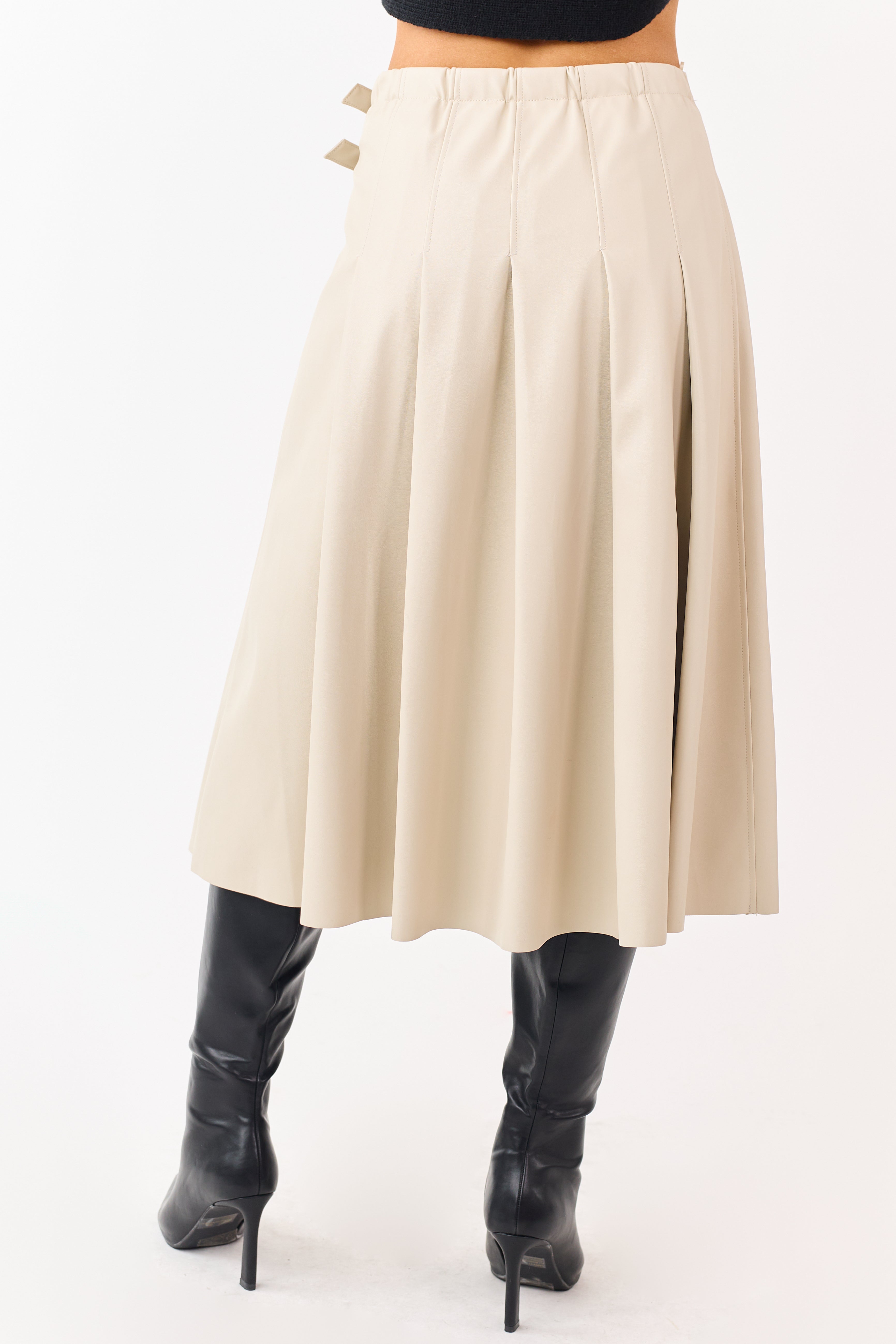 Almond Faux Leather Pleated Wrap Style Midi Skirt
