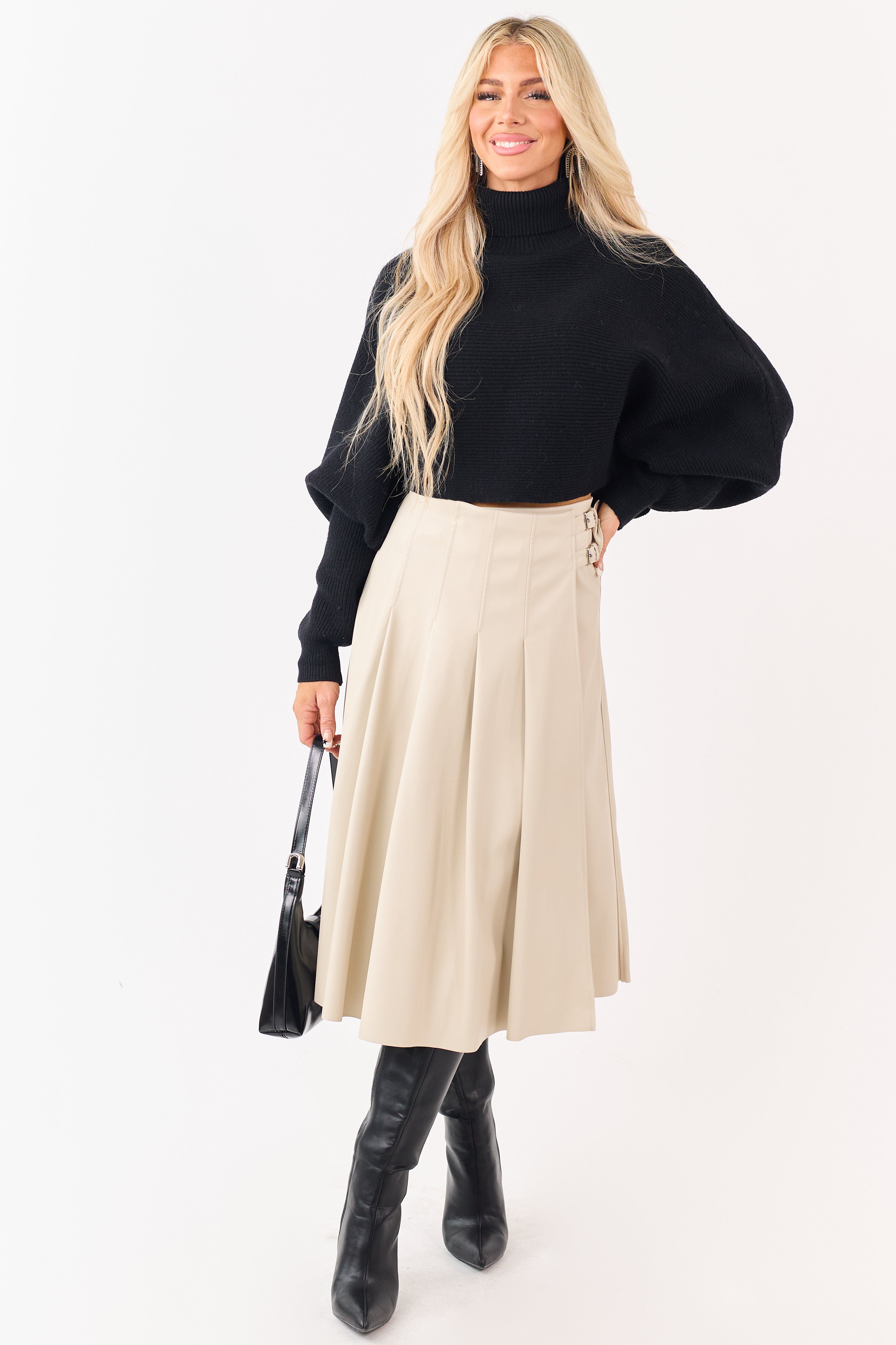 Almond Faux Leather Pleated Wrap Style Midi Skirt
