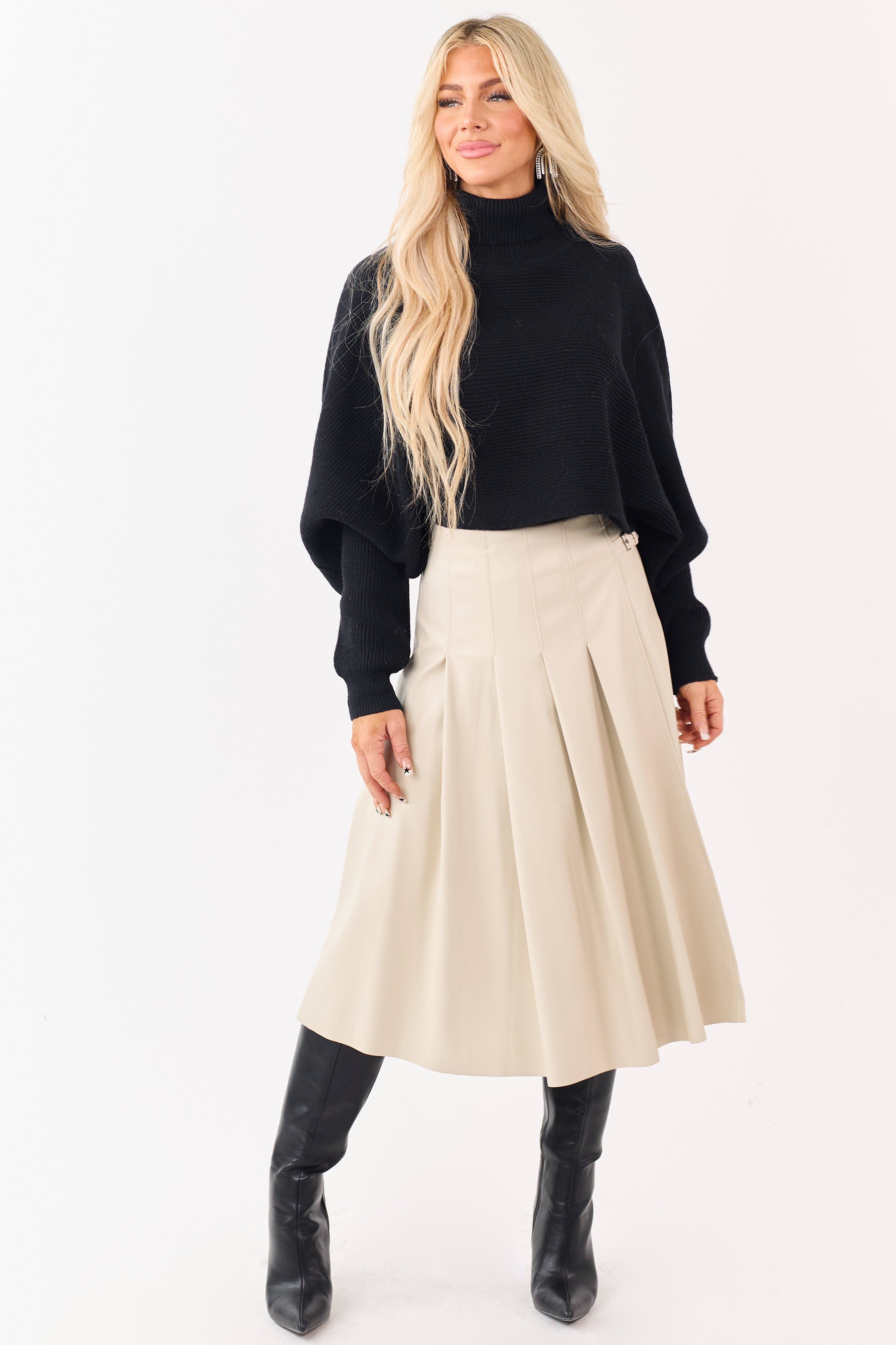 Almond Faux Leather Pleated Wrap Style Midi Skirt