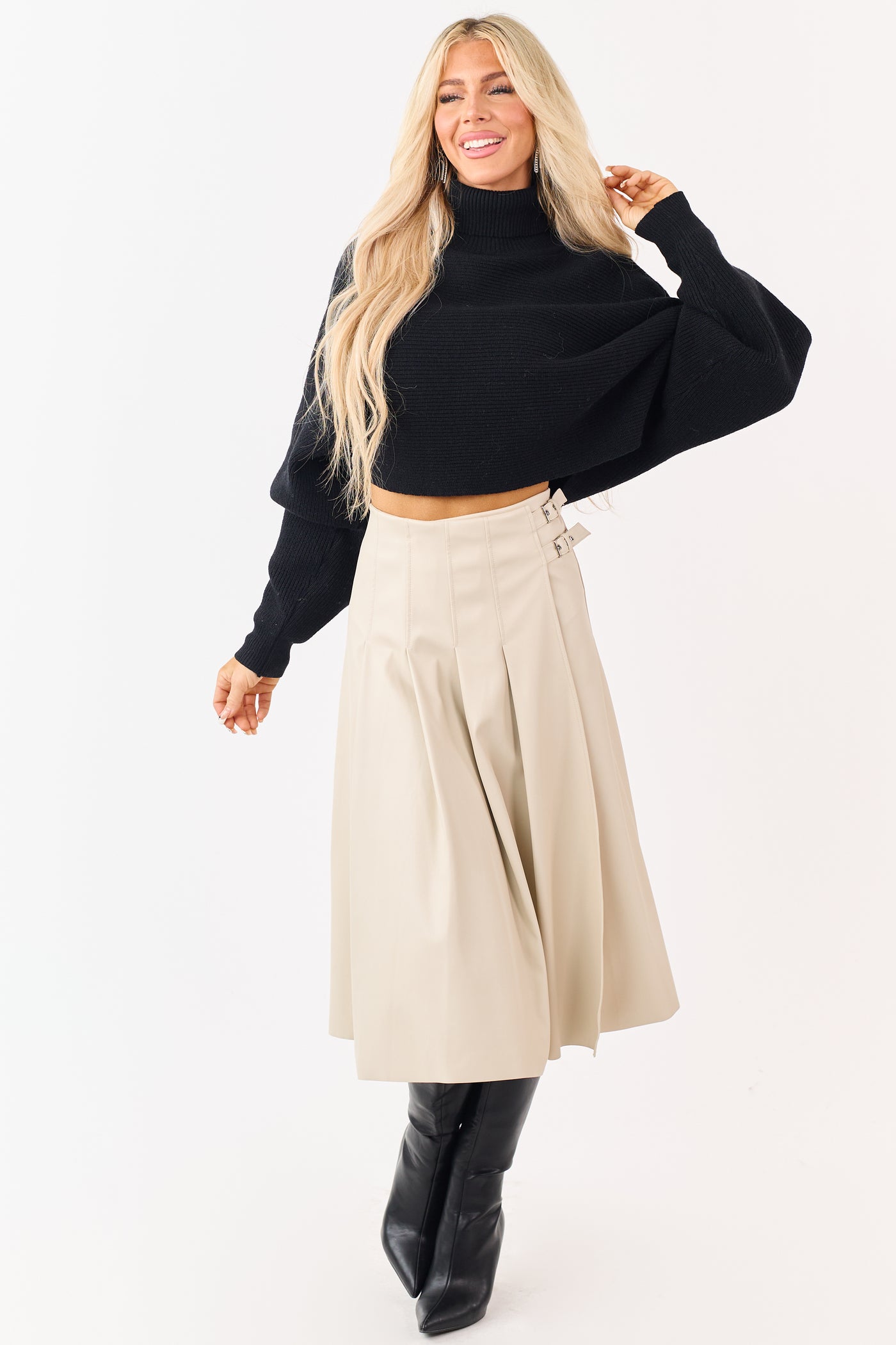 Almond Faux Leather Pleated Wrap Style Midi Skirt