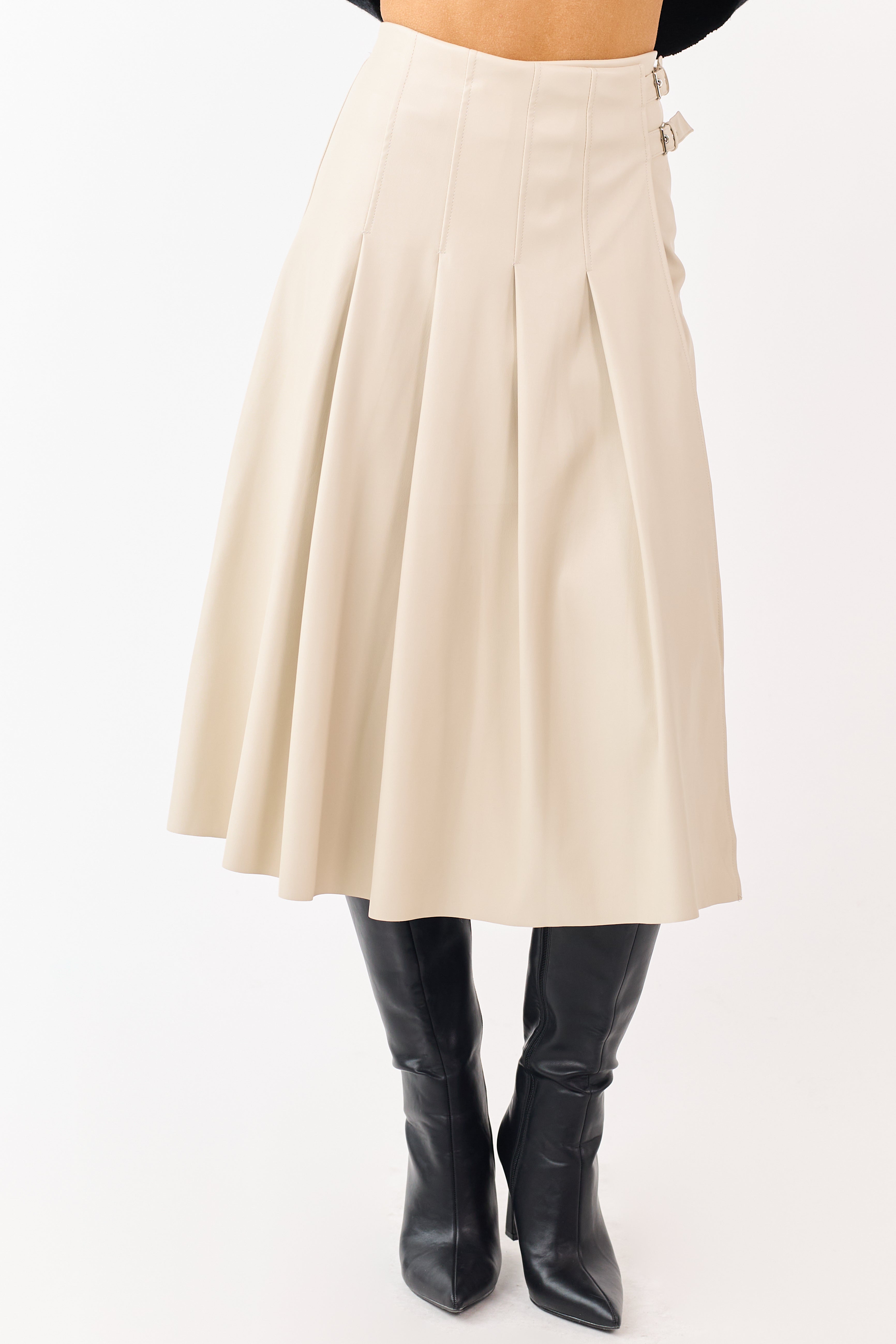 Almond Faux Leather Pleated Wrap Style Midi Skirt