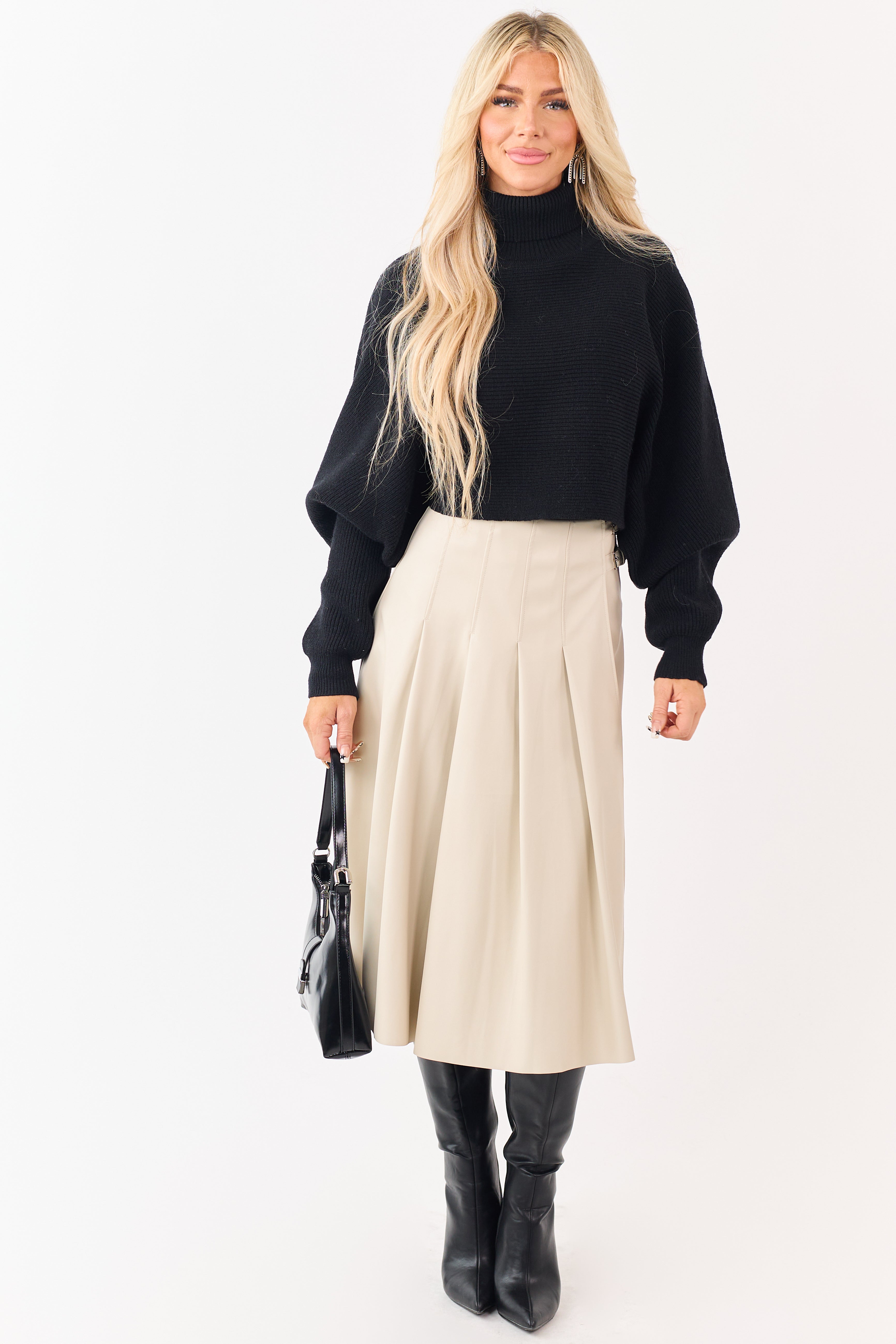 Almond Faux Leather Pleated Wrap Style Midi Skirt