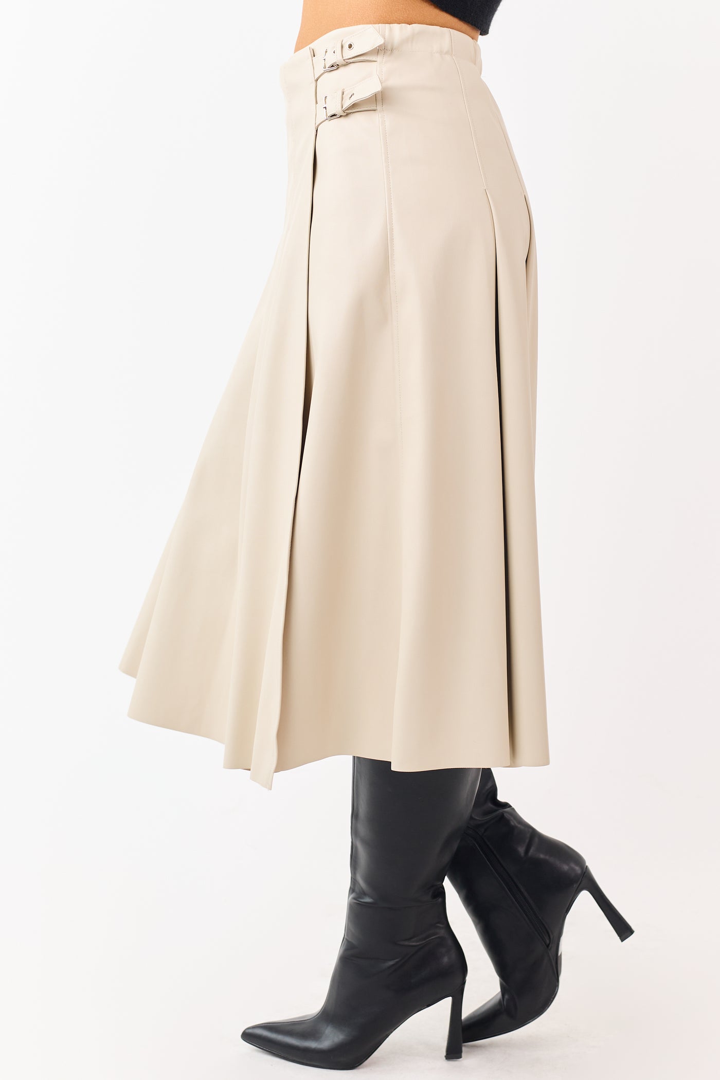 Almond Faux Leather Pleated Wrap Style Midi Skirt