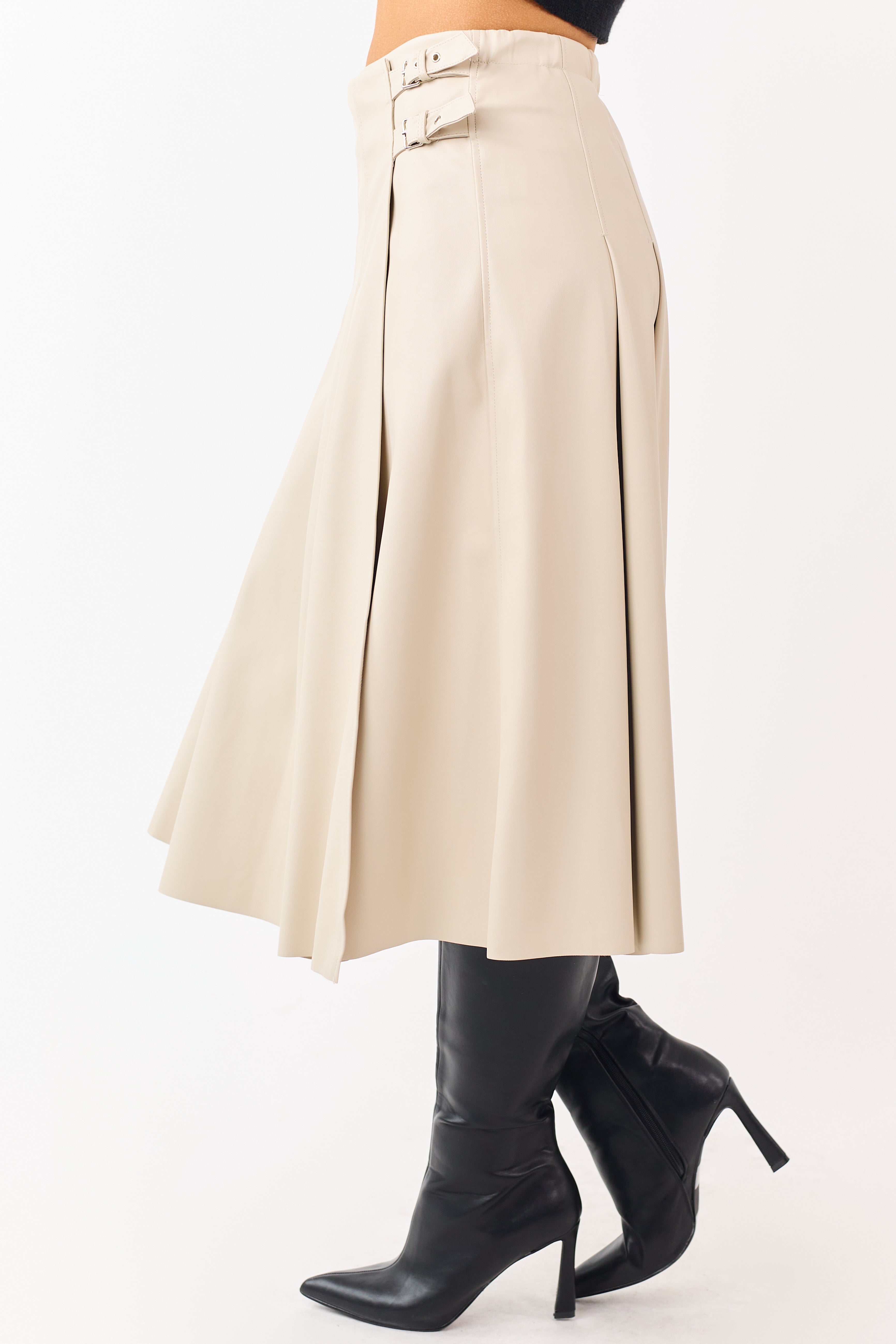 Almond Faux Leather Pleated Wrap Style Midi Skirt