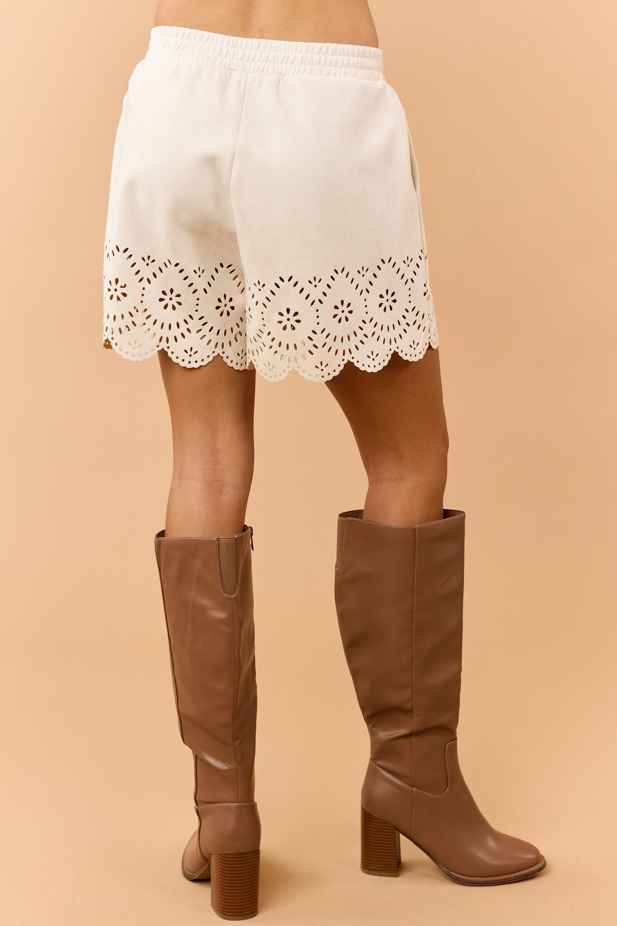 Almond Faux Suede Laser Cut Scalloped Hem Shorts