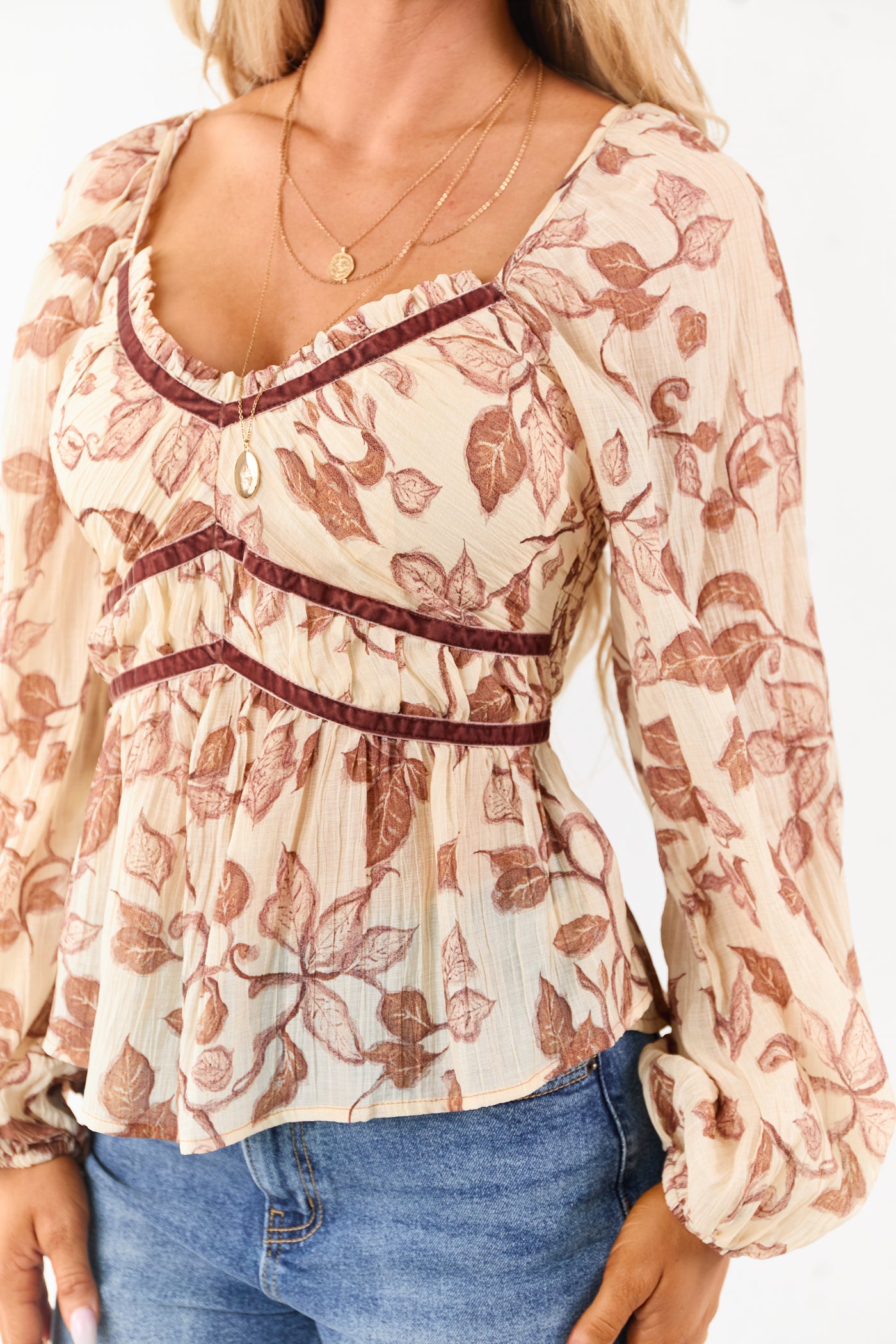 Almond Floral Crepe Velvet Trim Babydoll Blouse