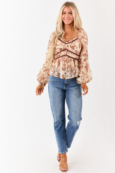 Almond Floral Crepe Velvet Trim Babydoll Blouse