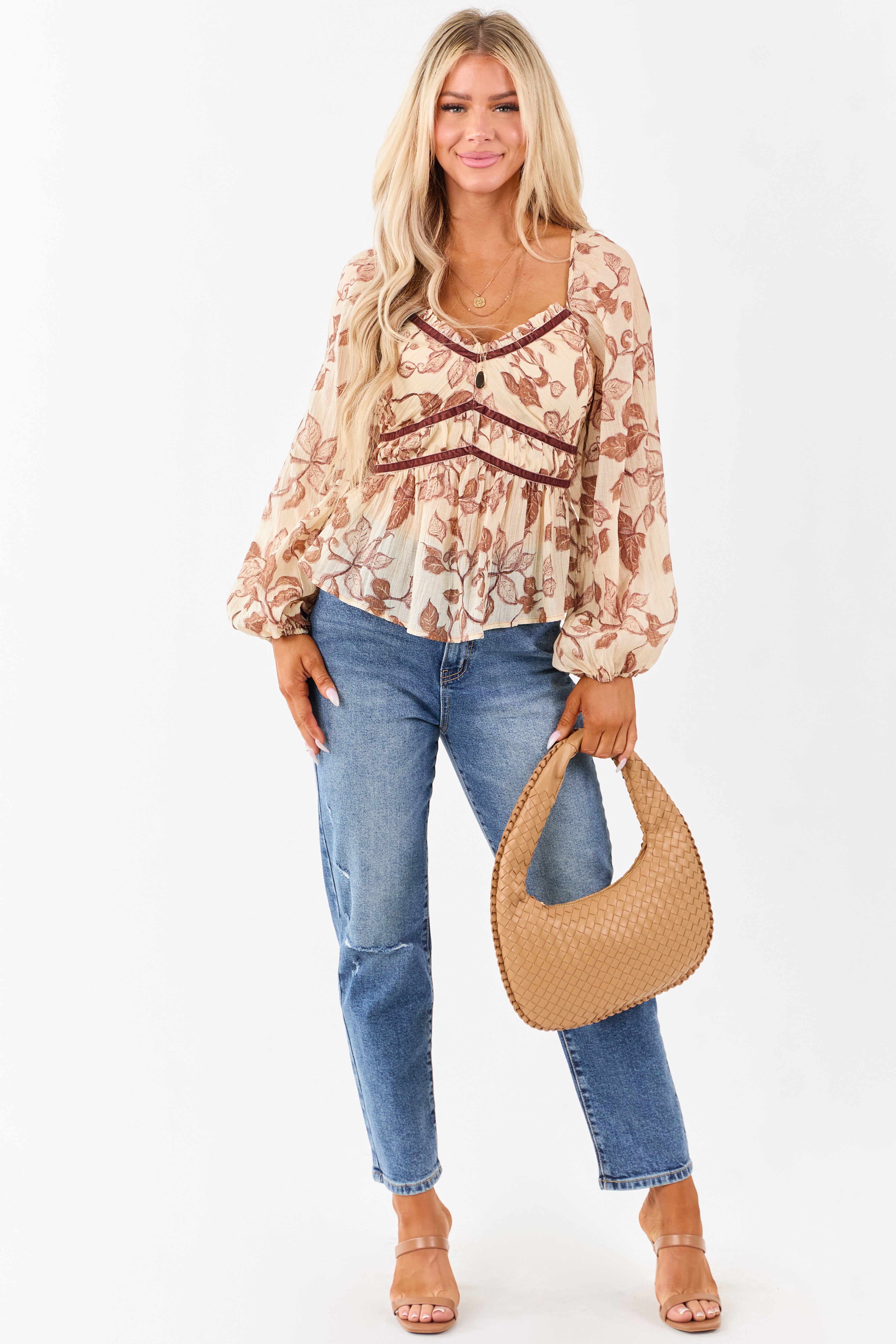 Almond Floral Crepe Velvet Trim Babydoll Blouse