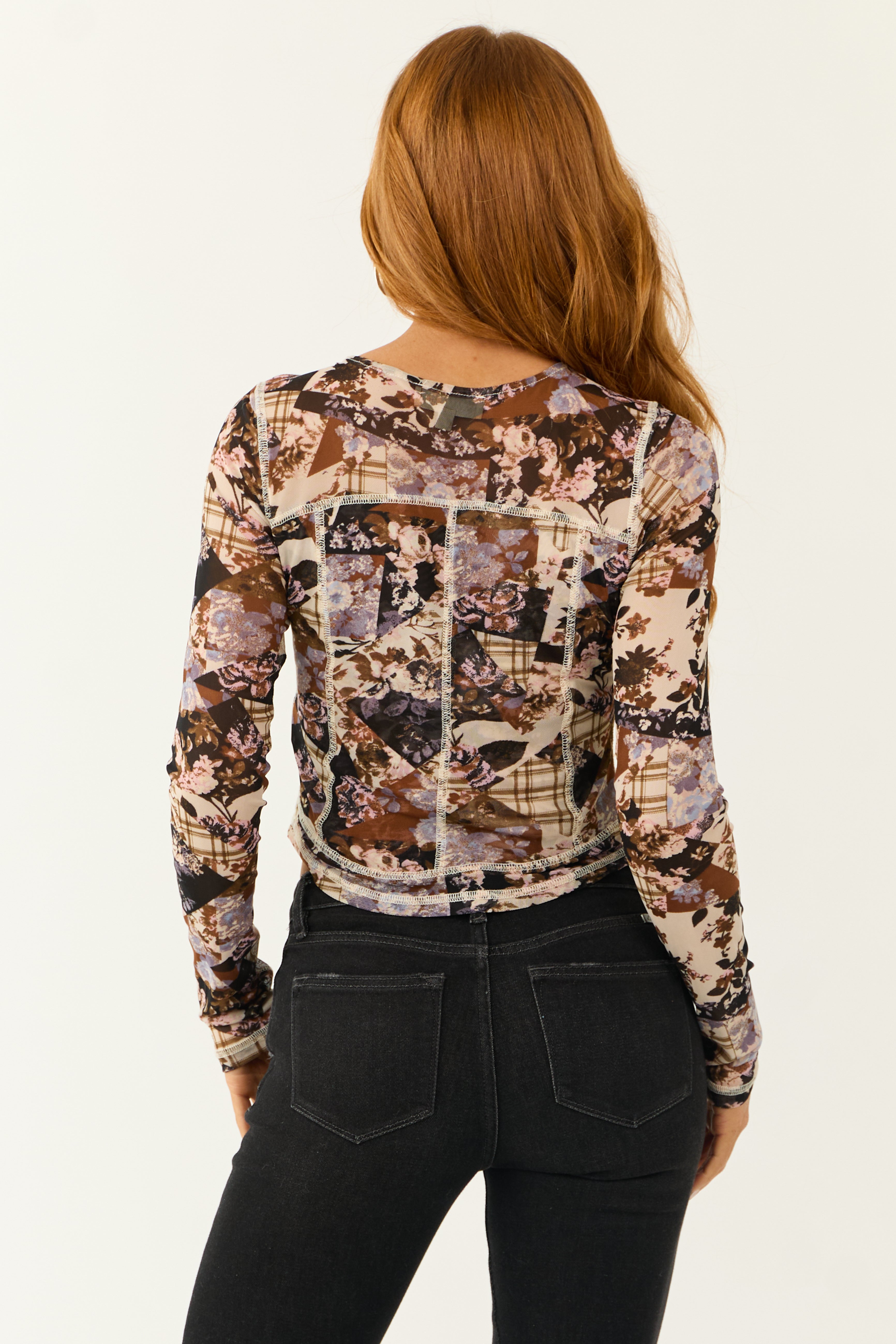 Almond Floral Mesh Fitted Long Sleeve Top | Lime Lush Boutique