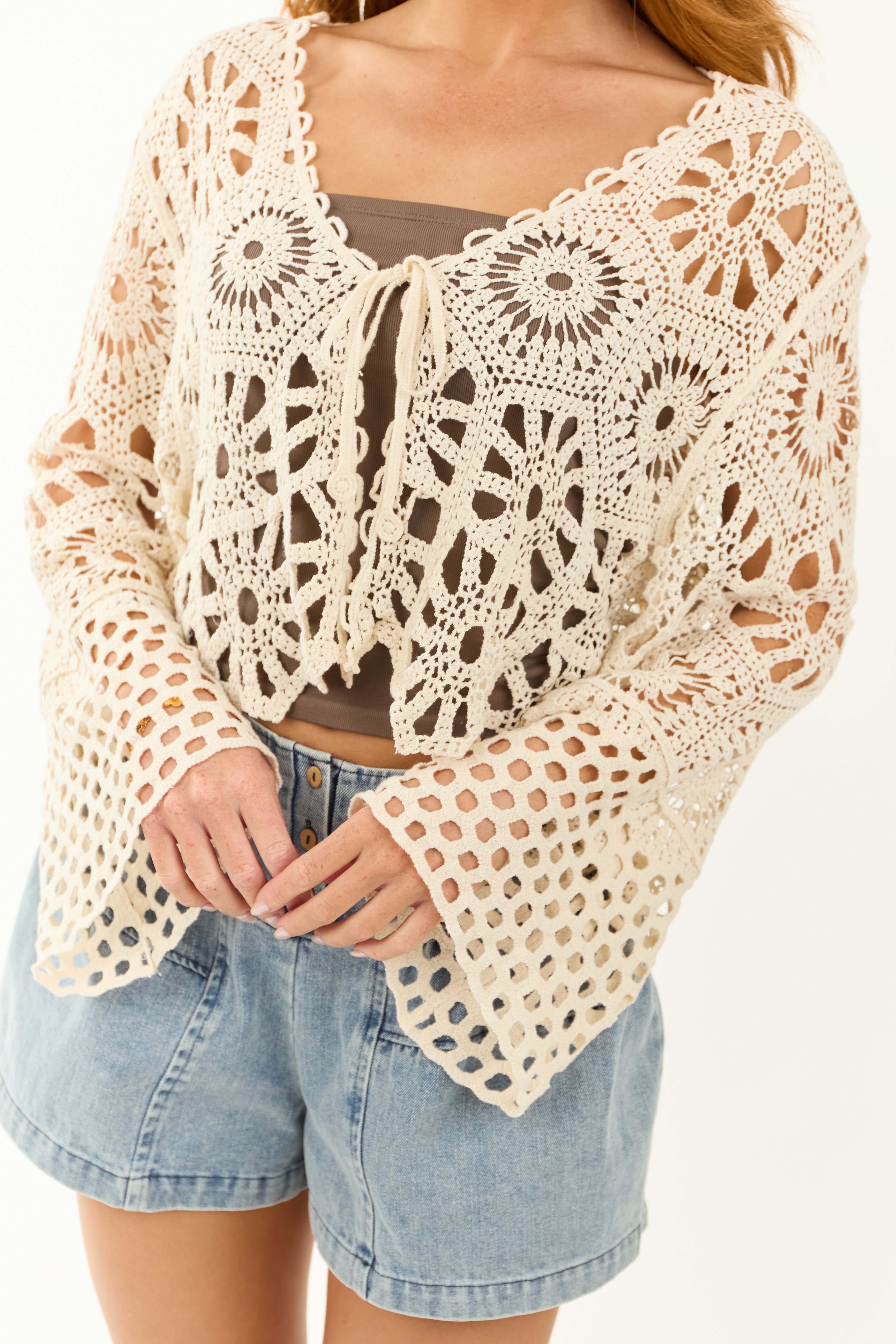 Almond Floral Open Crochet Front Tie Cardigan | Lime Lush Boutique