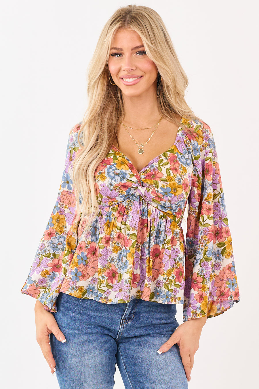 Almond Floral Print Front Twist Babydoll Top