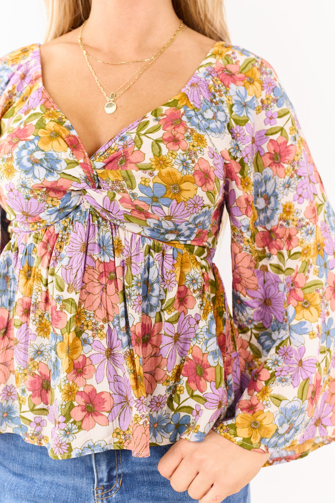 Almond Floral Print Front Twist Babydoll Top