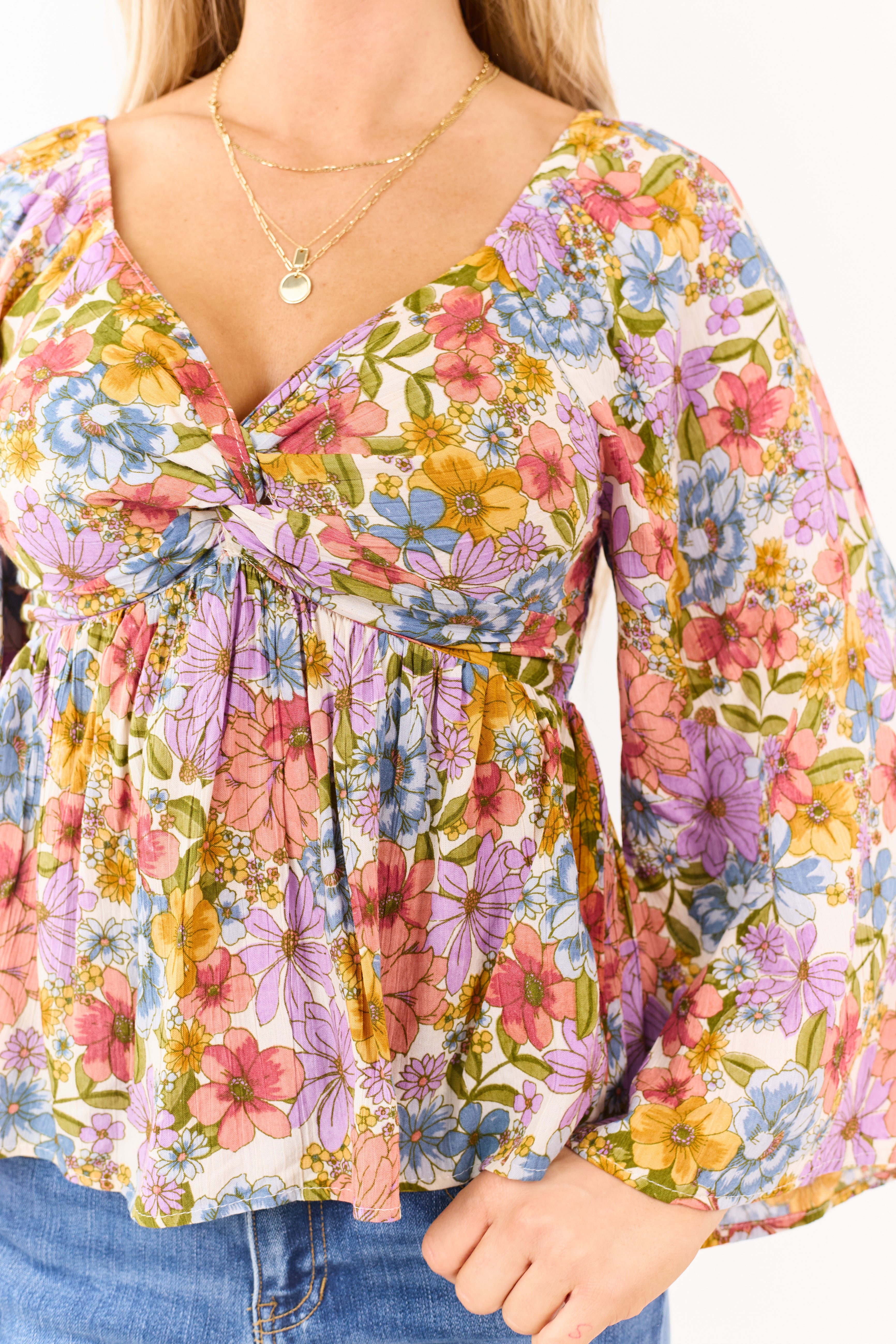 Almond Floral Print Front Twist Babydoll Top