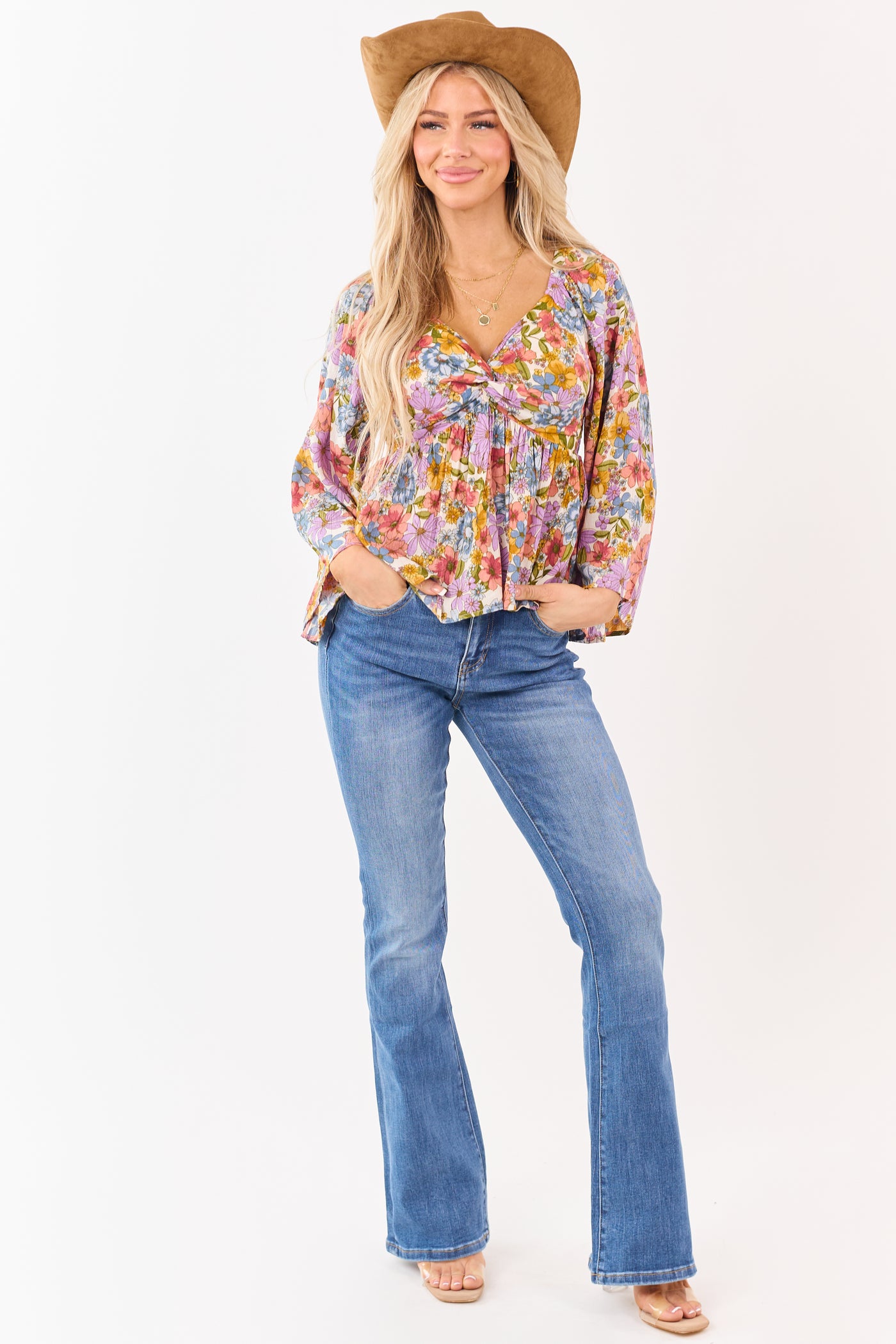 Almond Floral Print Front Twist Babydoll Top