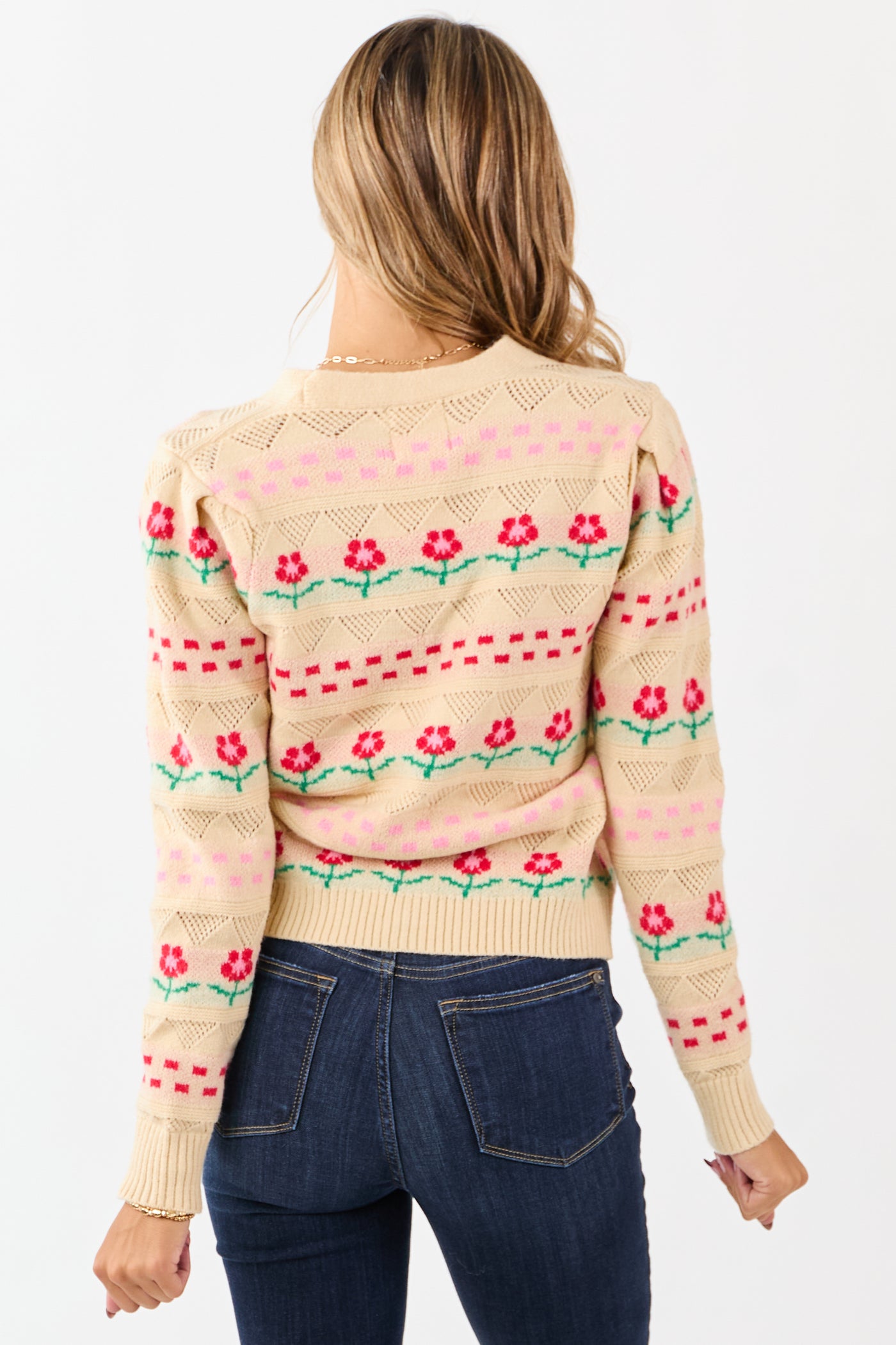 Almond Floral Print Pointelle Knit Cardigan