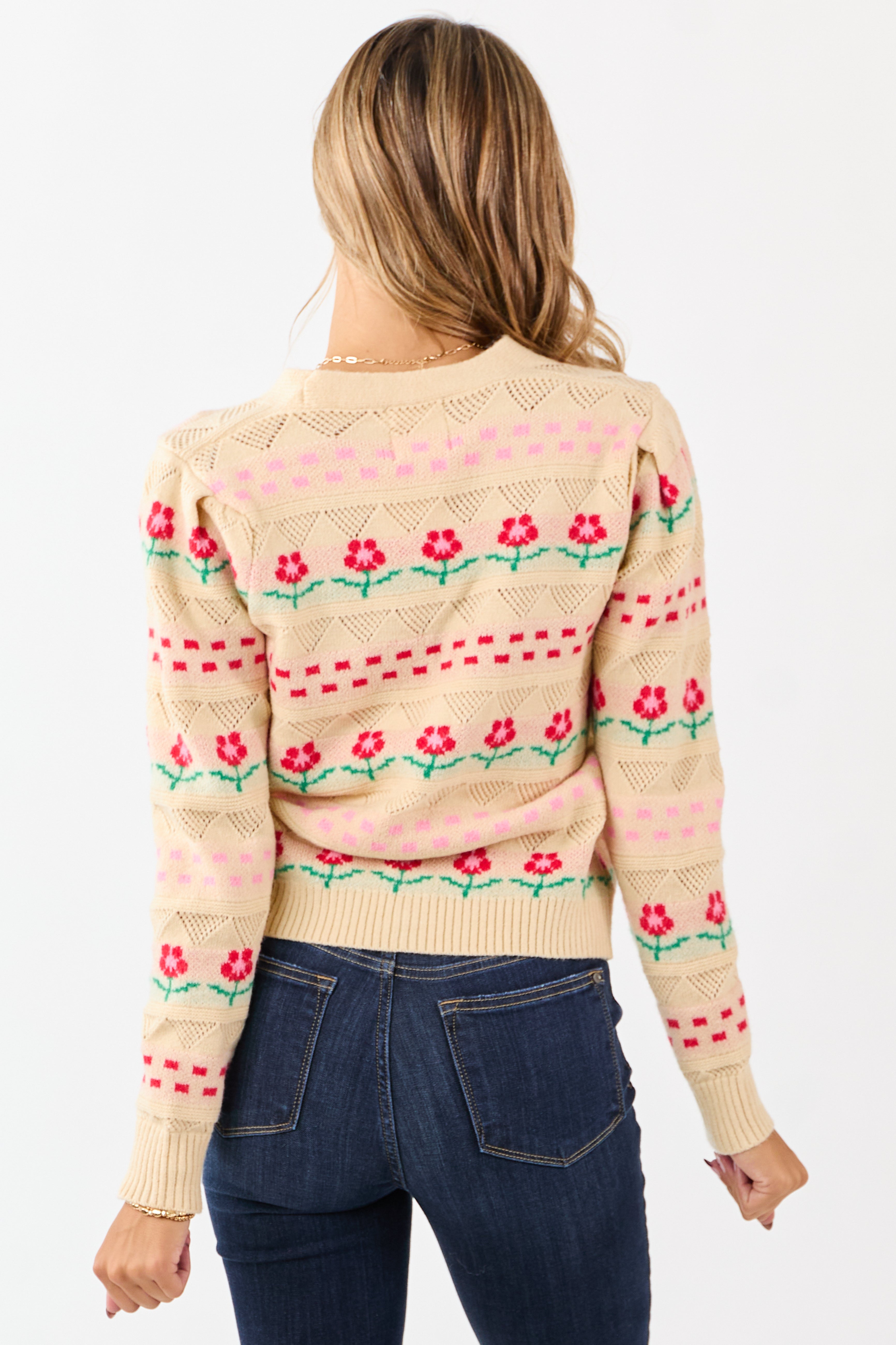 Almond Floral Print Pointelle Knit Cardigan