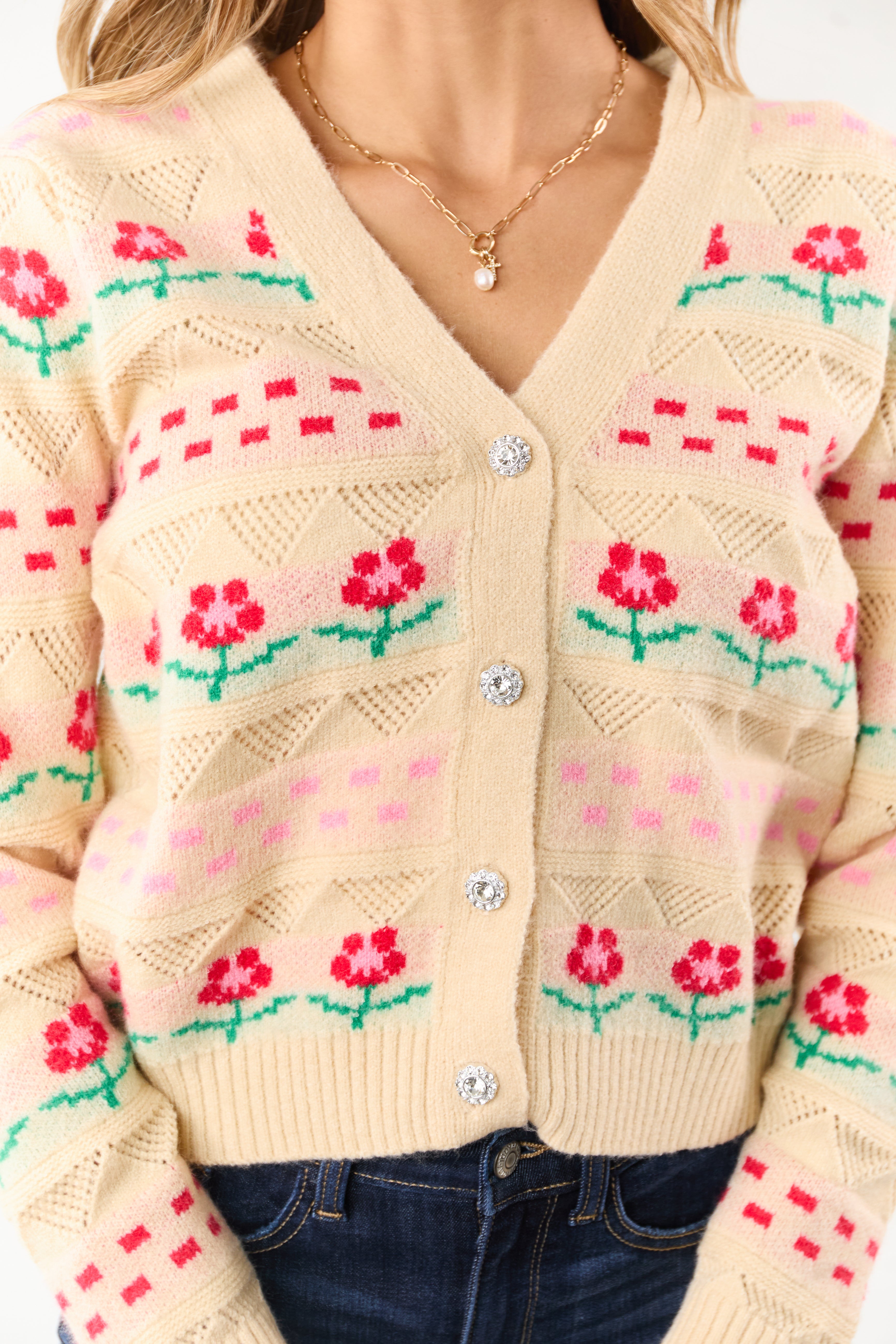 Almond Floral Print Pointelle Knit Cardigan