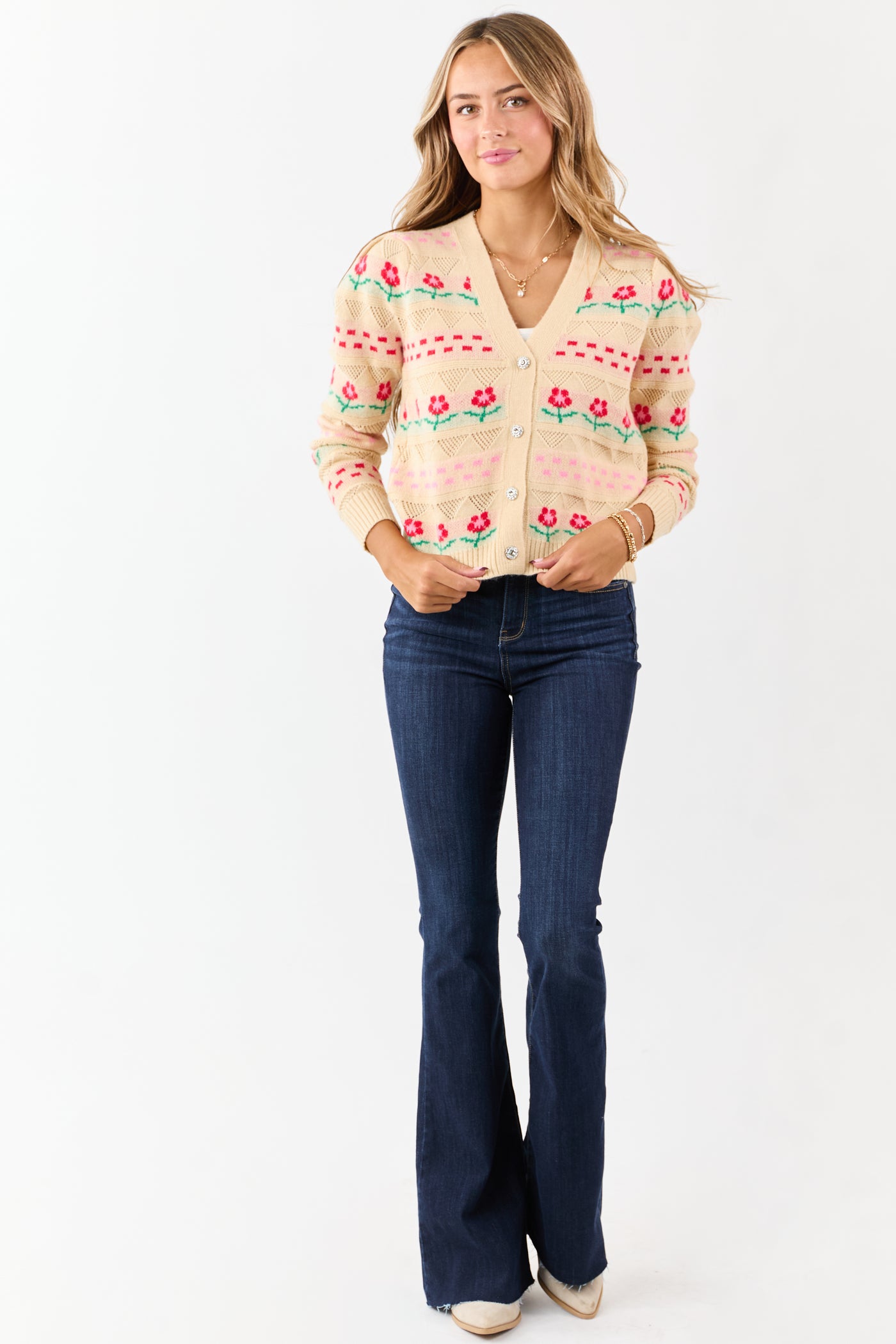 Almond Floral Print Pointelle Knit Cardigan