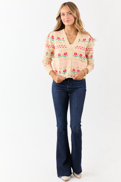 Almond Floral Print Pointelle Knit Cardigan
