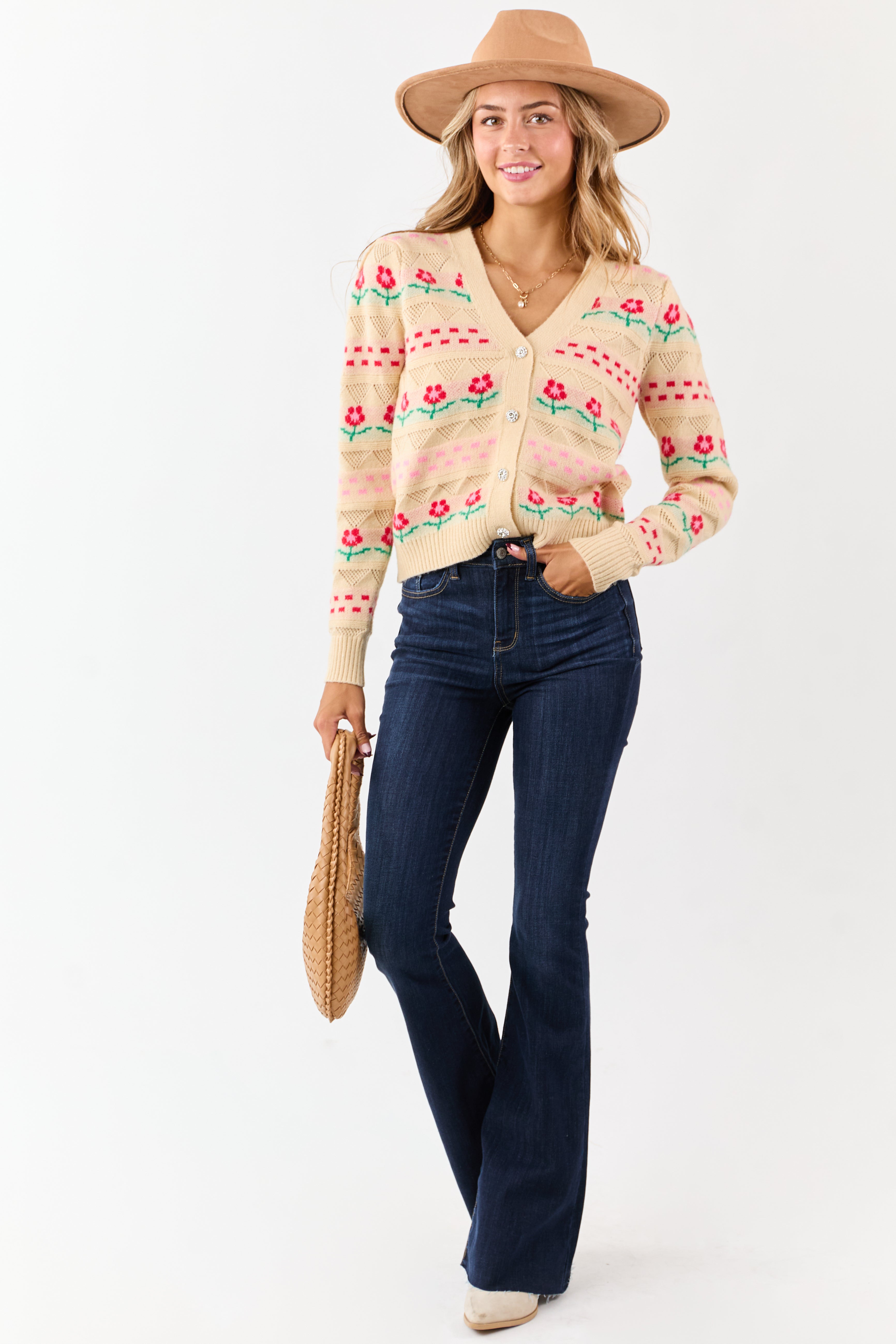 Almond Floral Print Pointelle Knit Cardigan