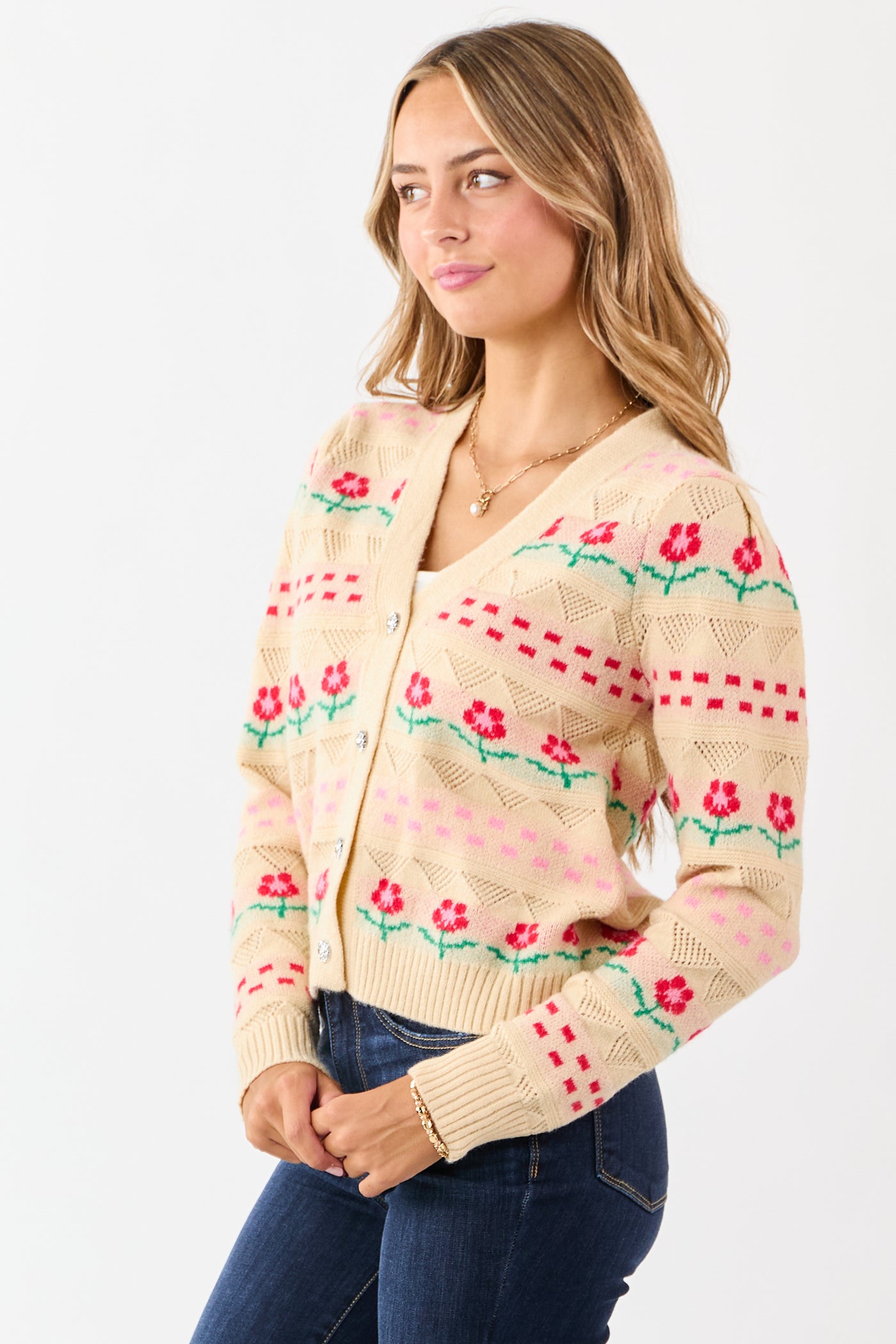 Almond Floral Print Pointelle Knit Cardigan