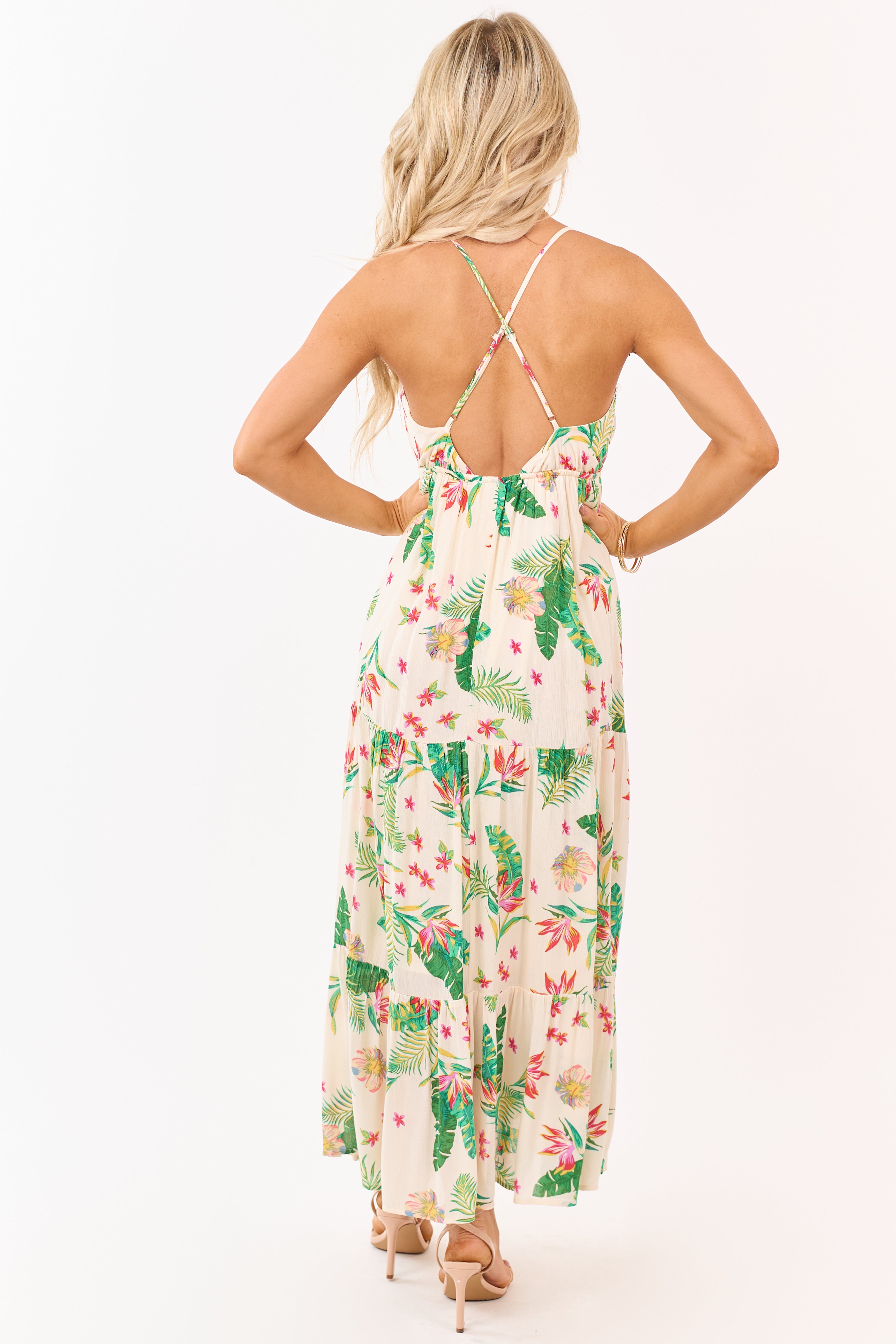 Almond Floral Print Surplice Sleeveless Maxi Dress
