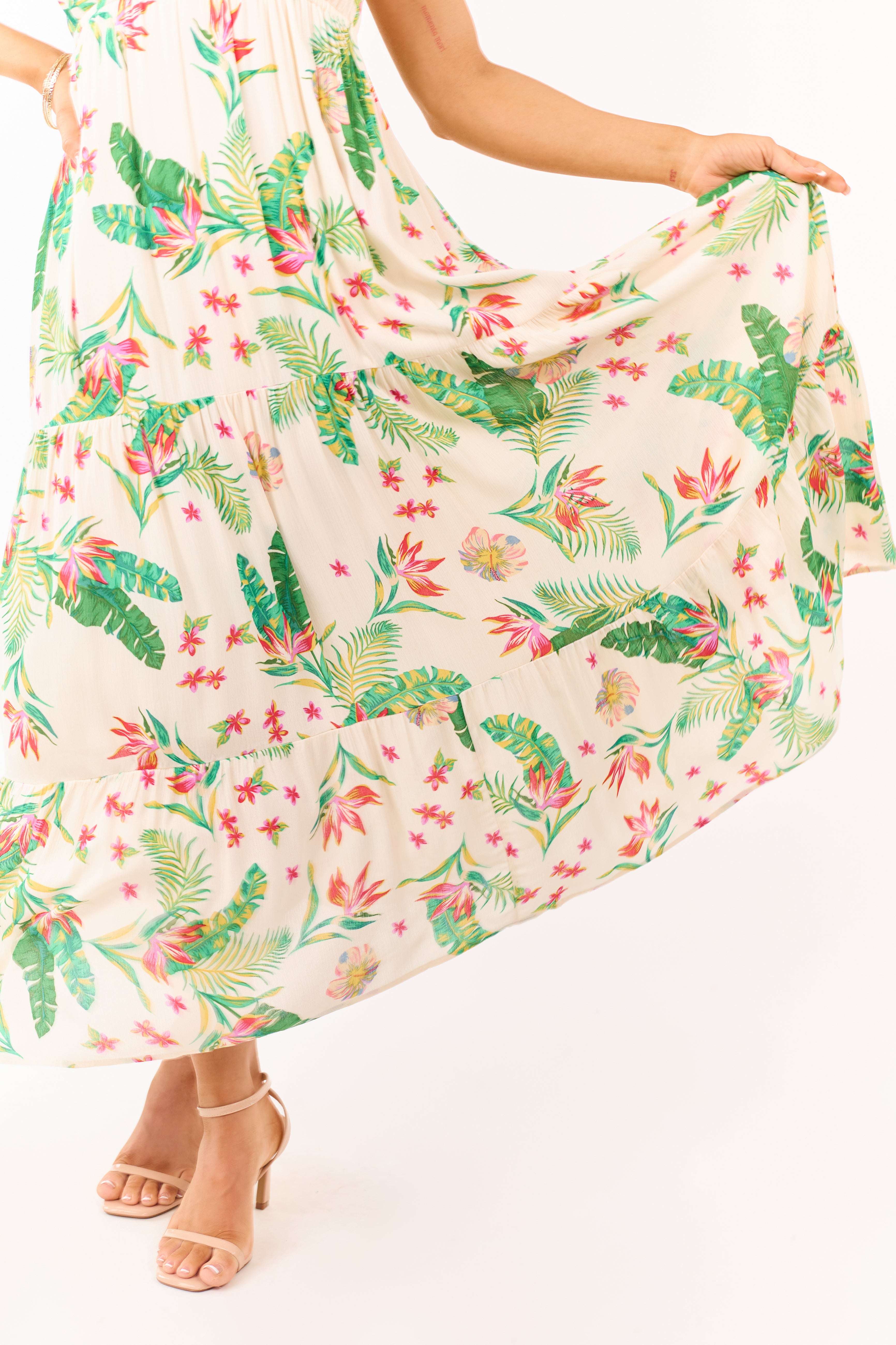 Almond Floral Print Surplice Sleeveless Maxi Dress