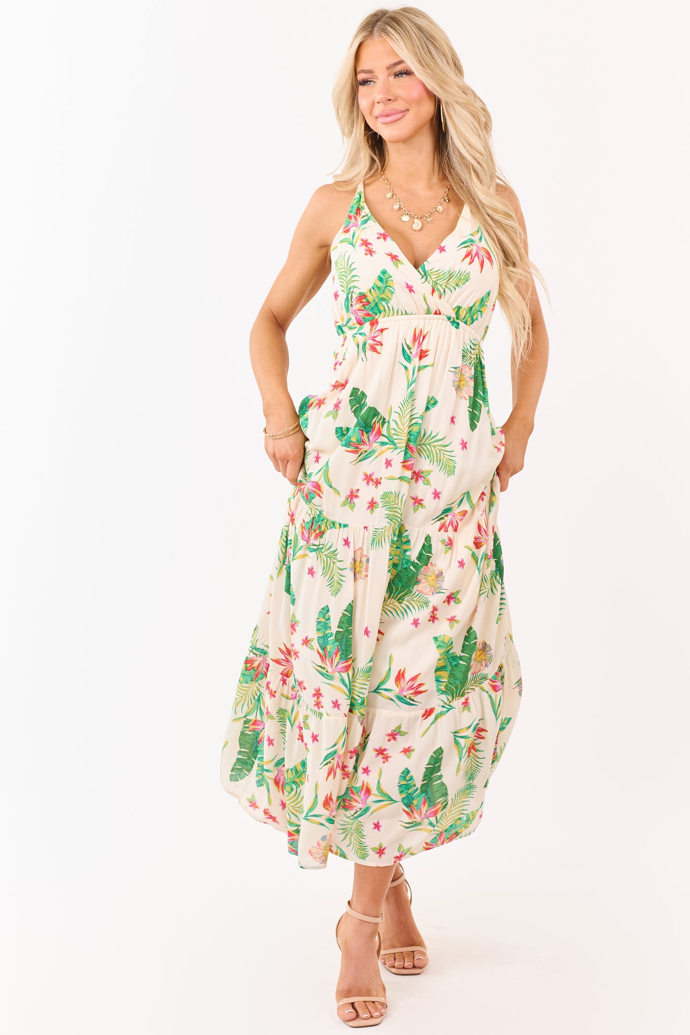 Almond Floral Print Surplice Sleeveless Maxi Dress