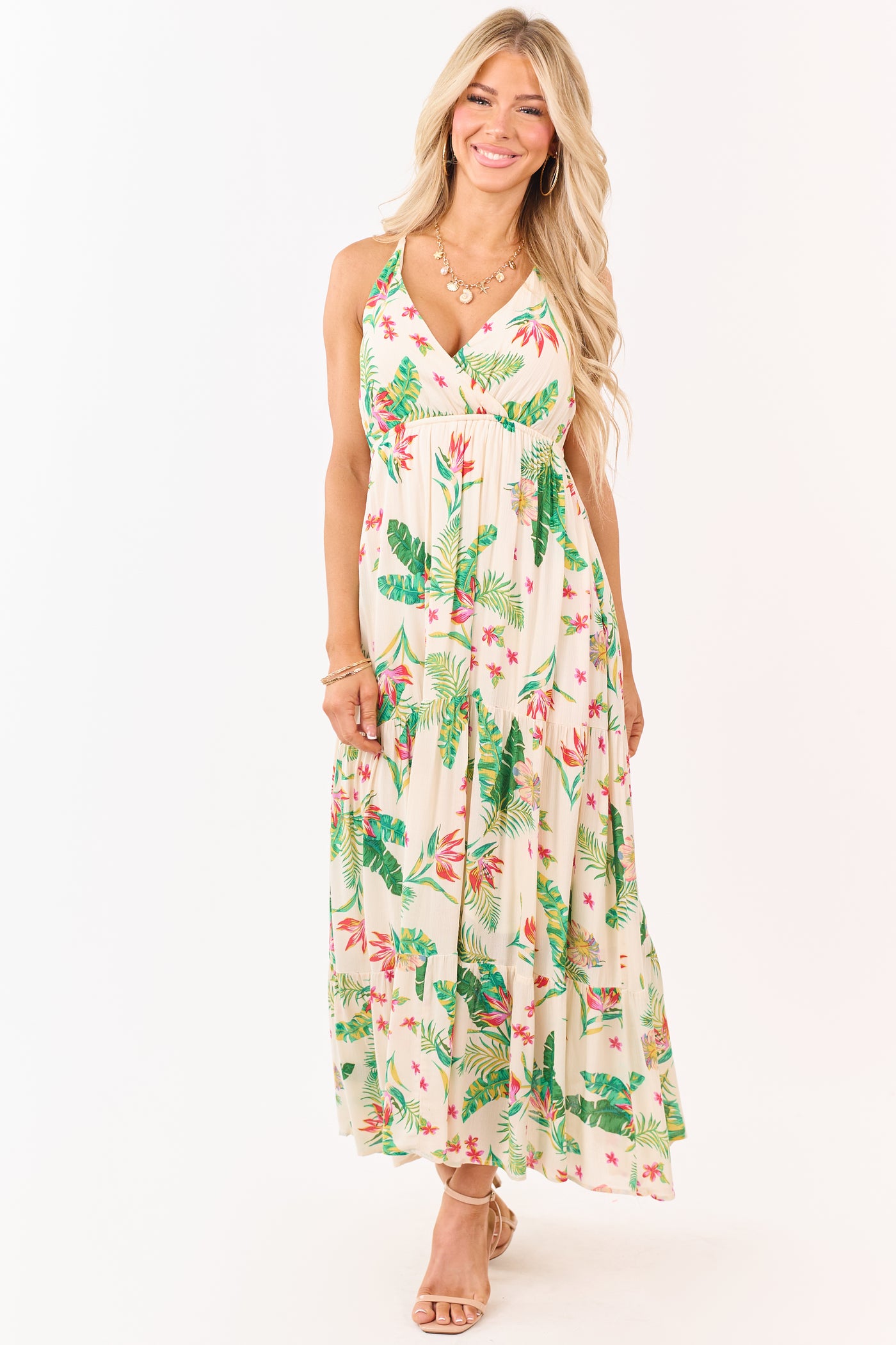 Almond Floral Print Surplice Sleeveless Maxi Dress