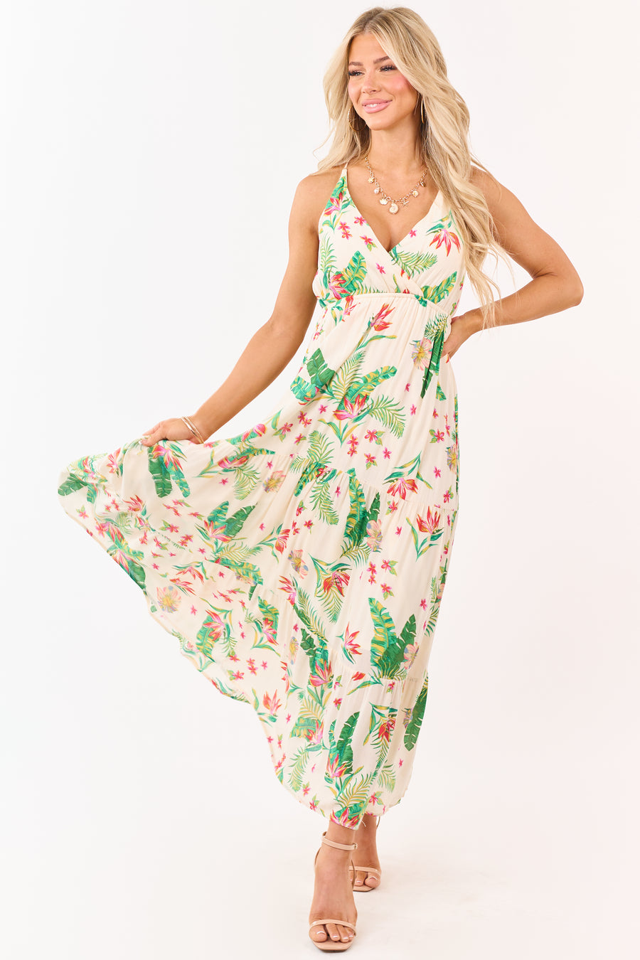 Almond Floral Print Surplice Sleeveless Maxi Dress