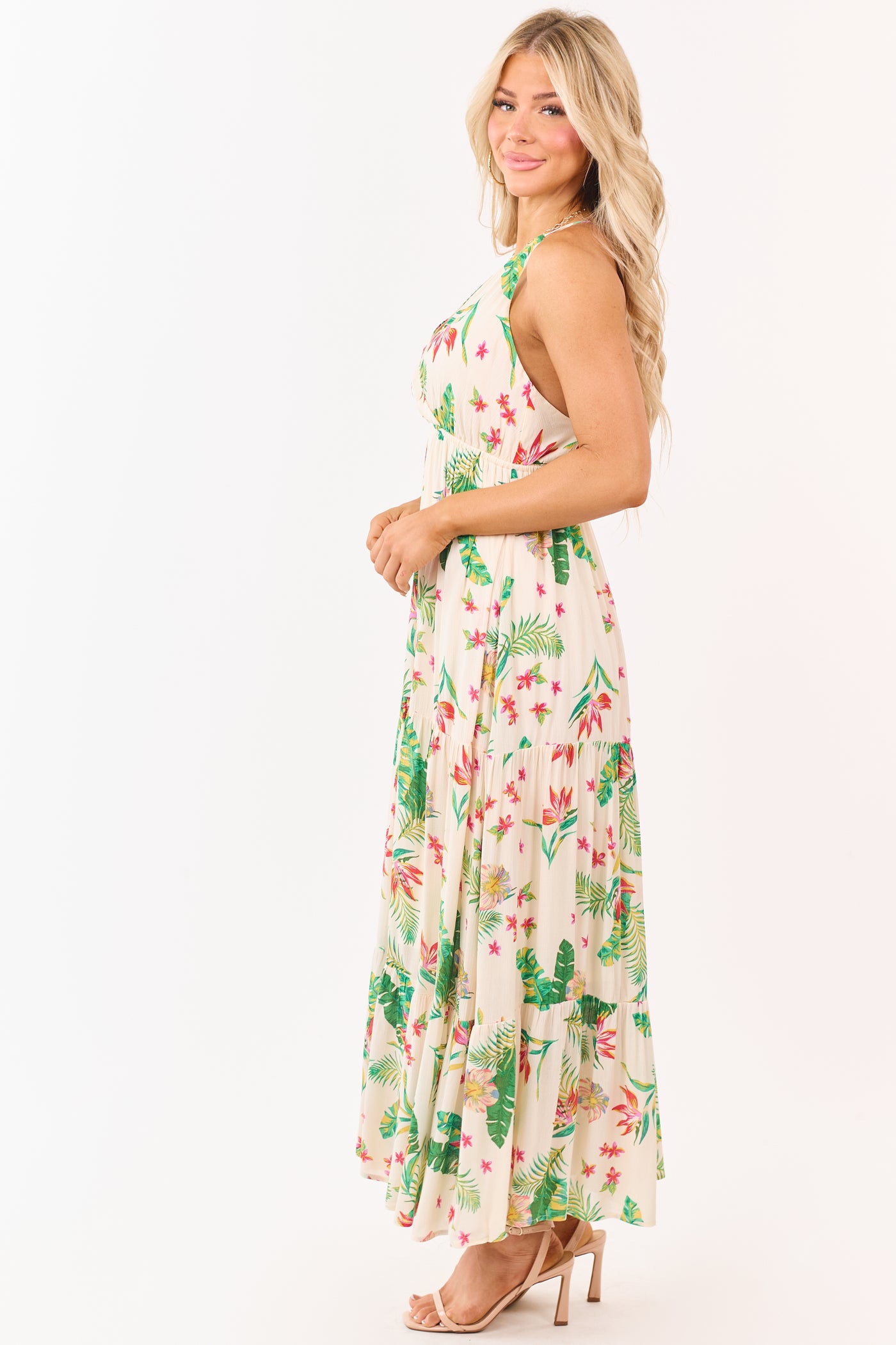 Almond Floral Print Surplice Sleeveless Maxi Dress