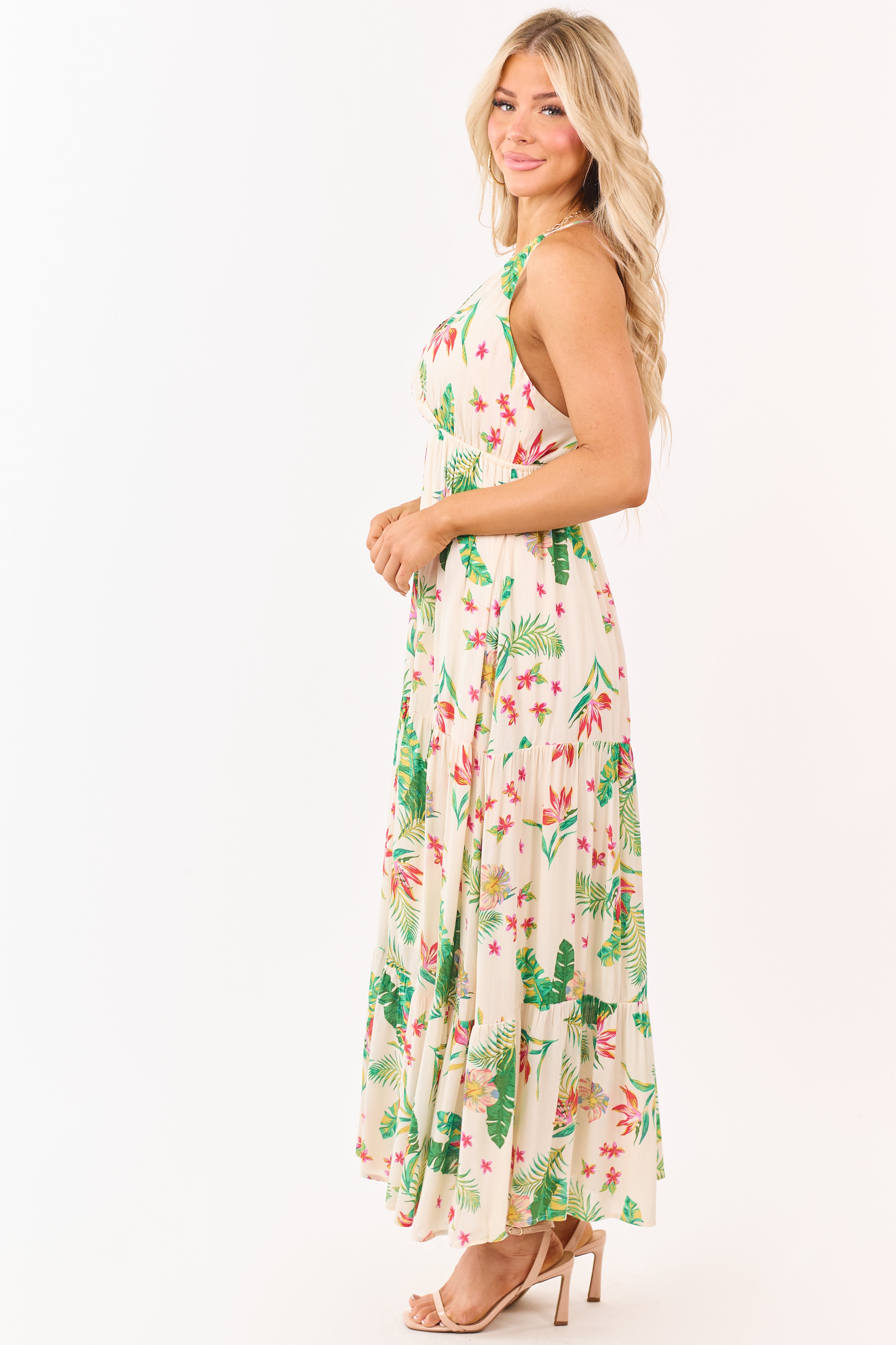 Almond Floral Print Surplice Sleeveless Maxi Dress