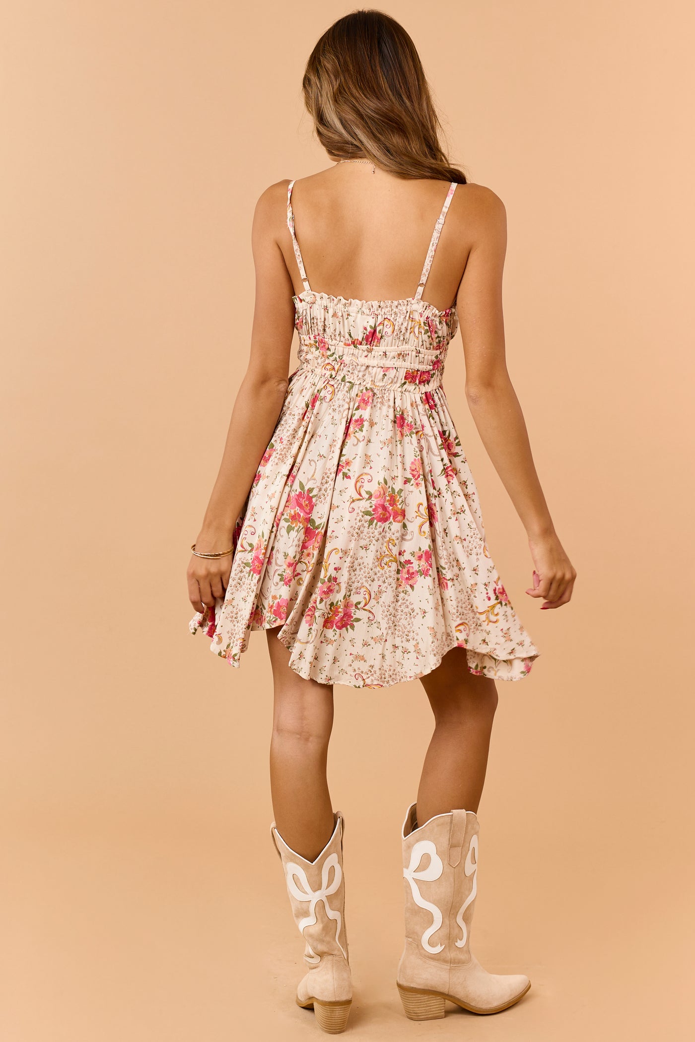 Almond Floral Print V-Neck Sleeveless Mini Dress