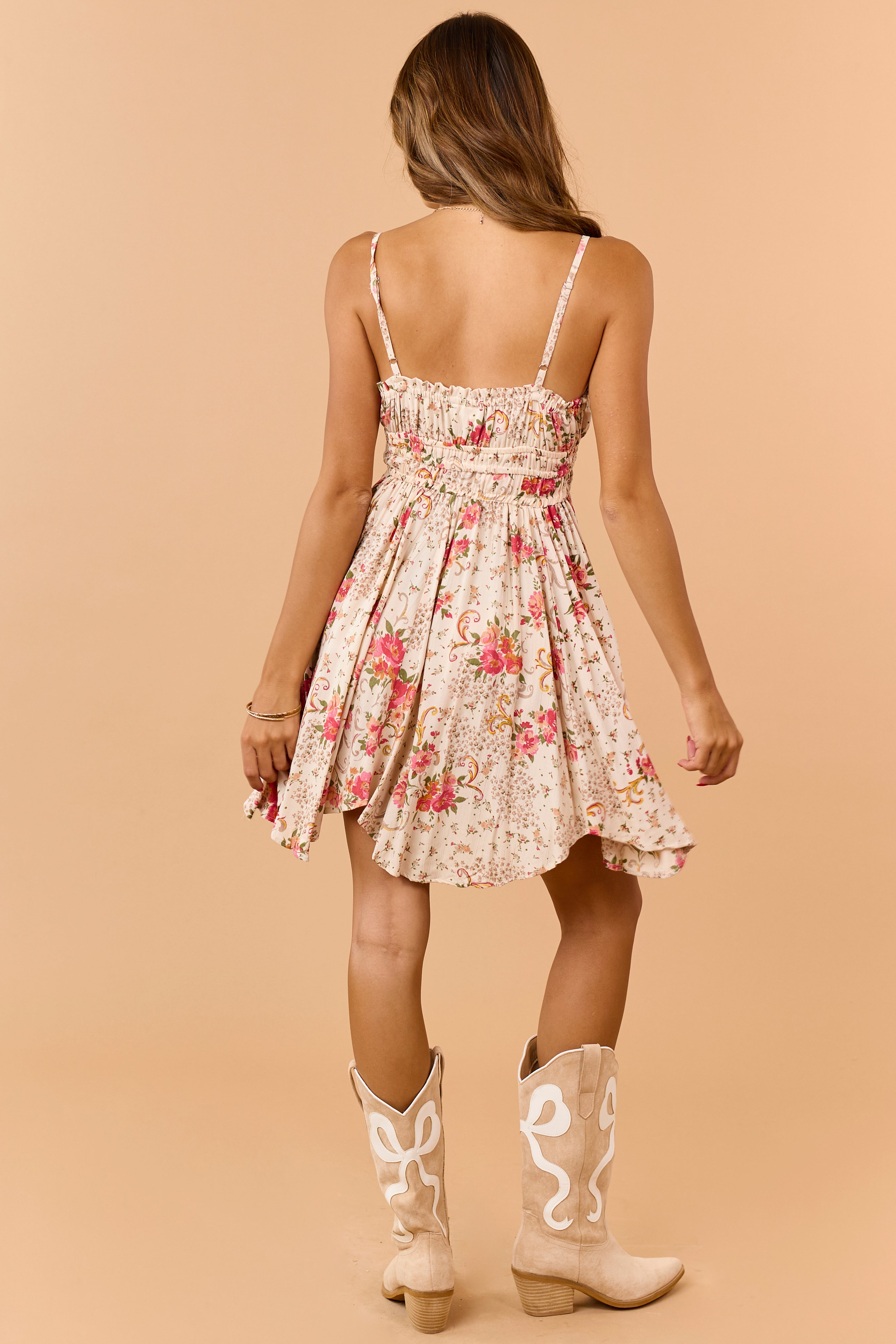 Almond Floral Print V-Neck Sleeveless Mini Dress