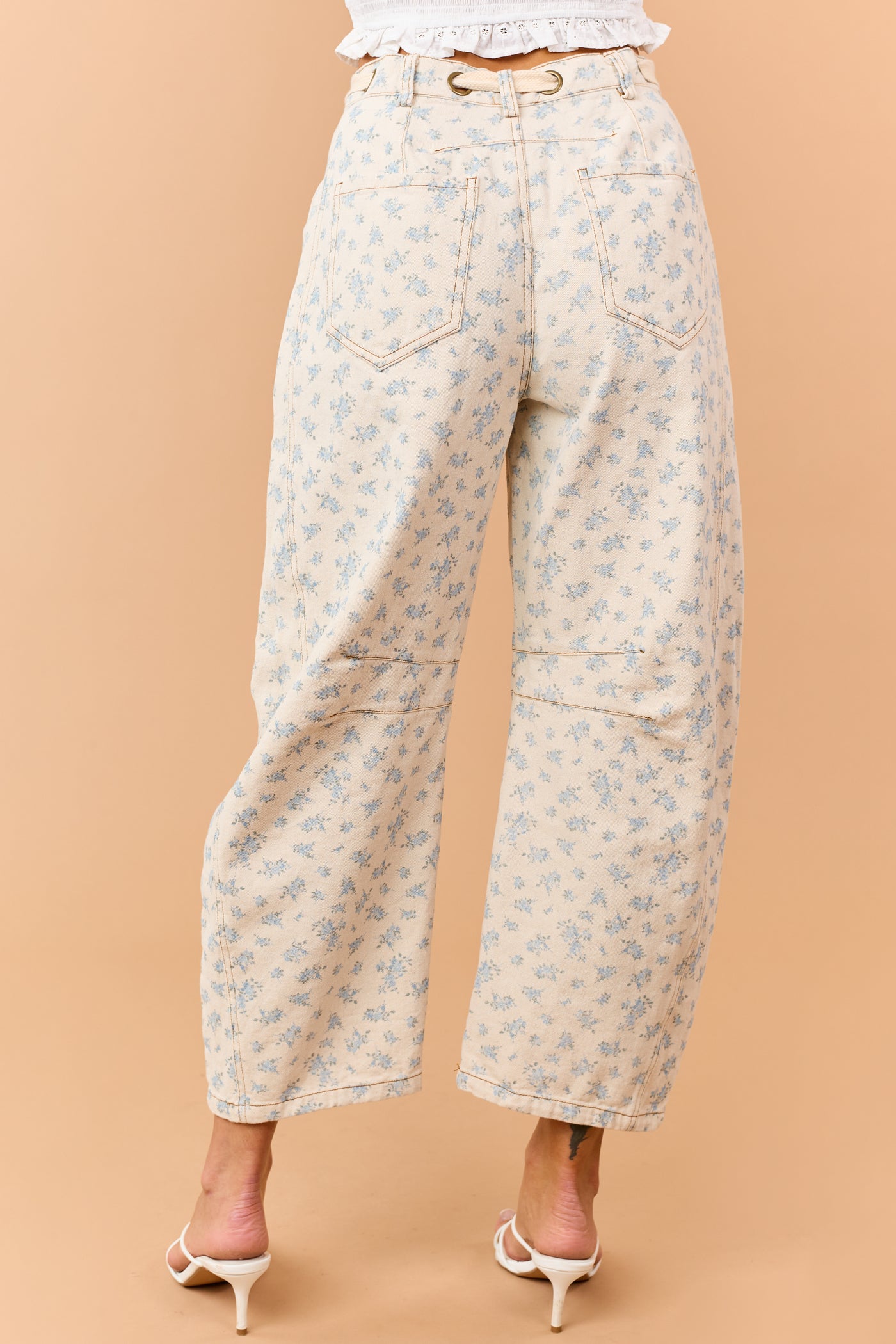 Almond Floral Print Waist Tie Barrel Jeans