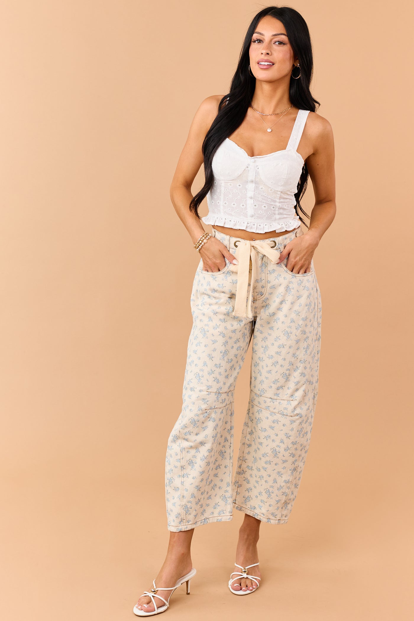 Almond Floral Print Waist Tie Barrel Jeans