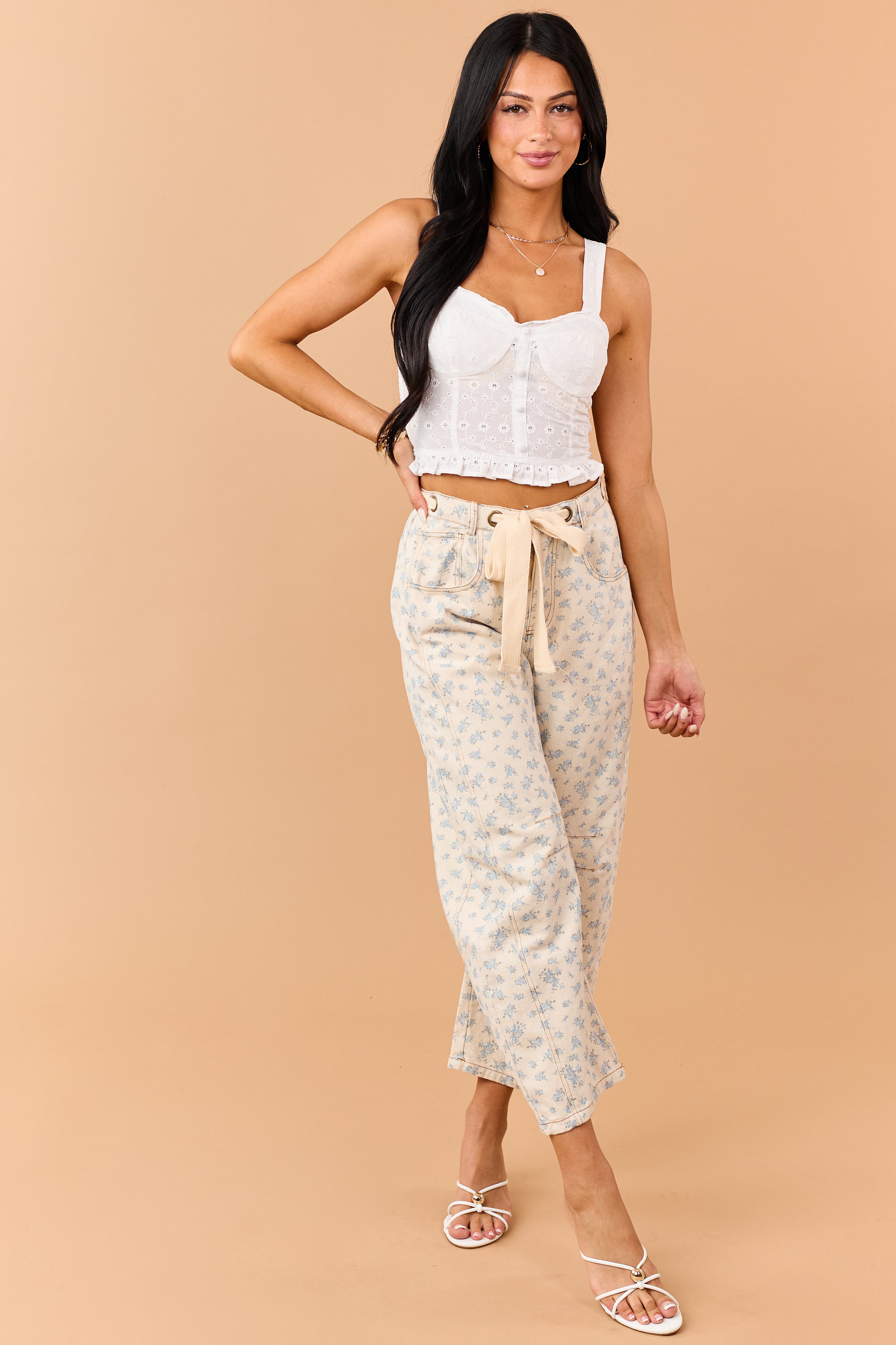 Almond Floral Print Waist Tie Barrel Jeans