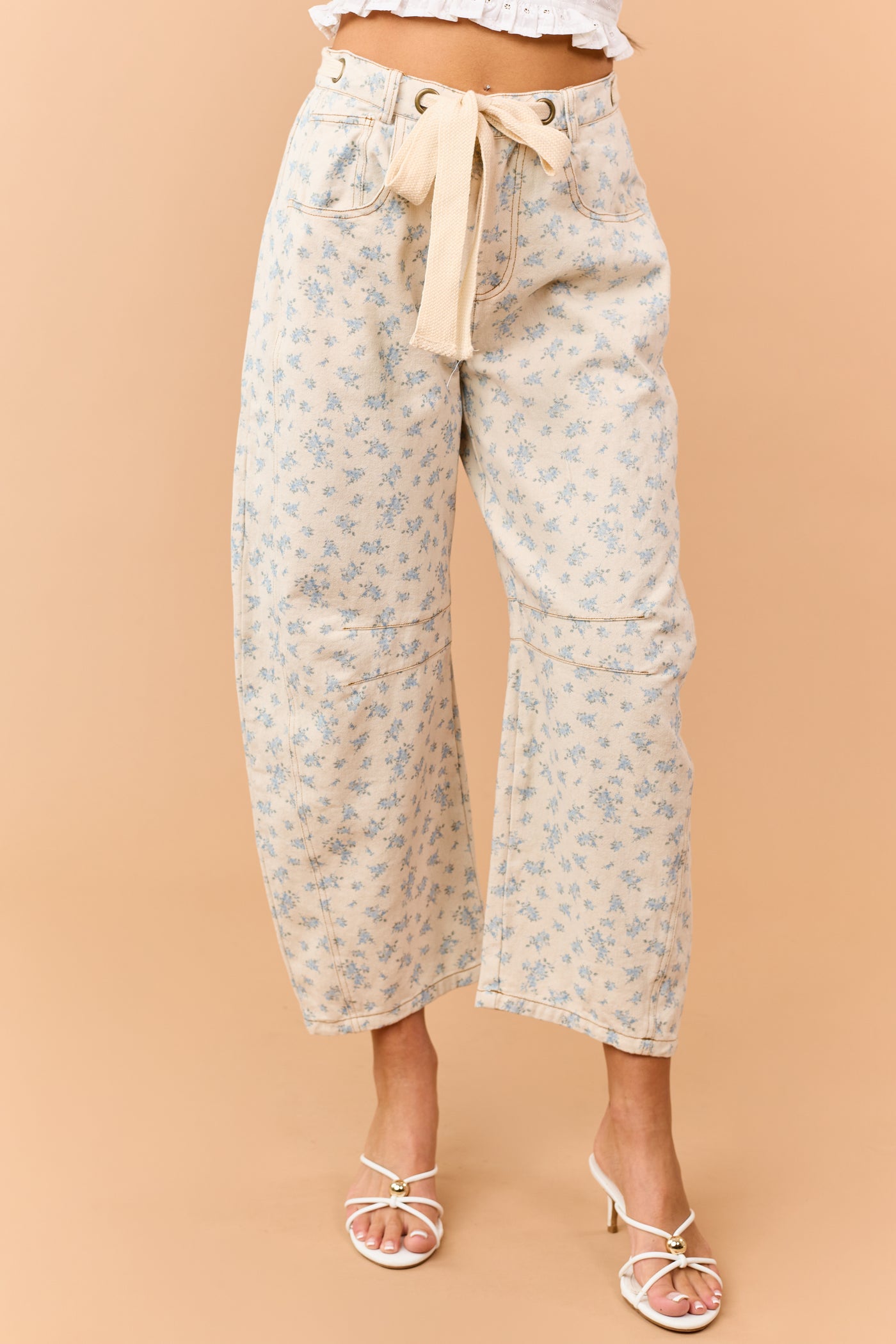 Almond Floral Print Waist Tie Barrel Jeans