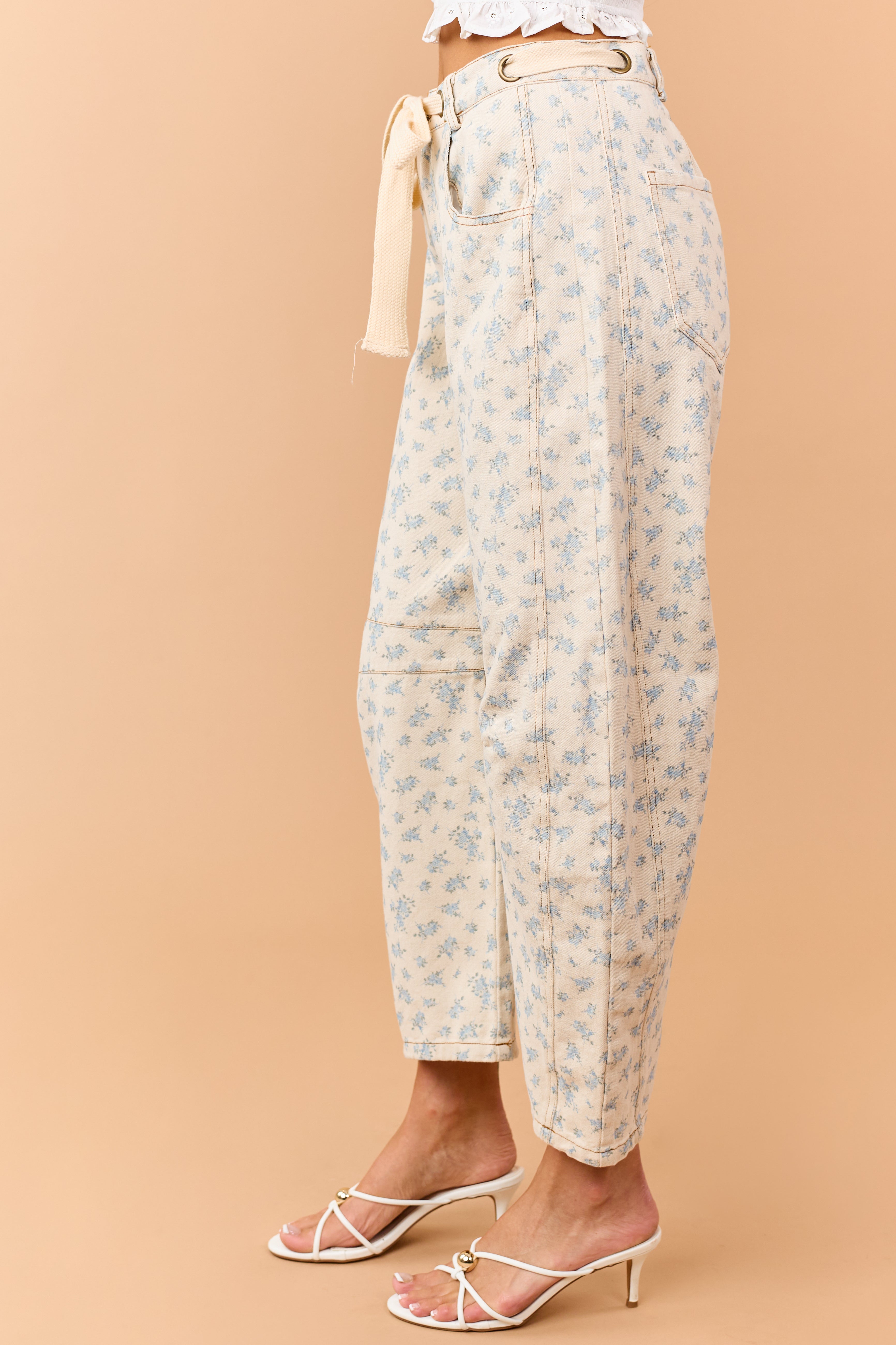 Almond Floral Print Waist Tie Barrel Jeans