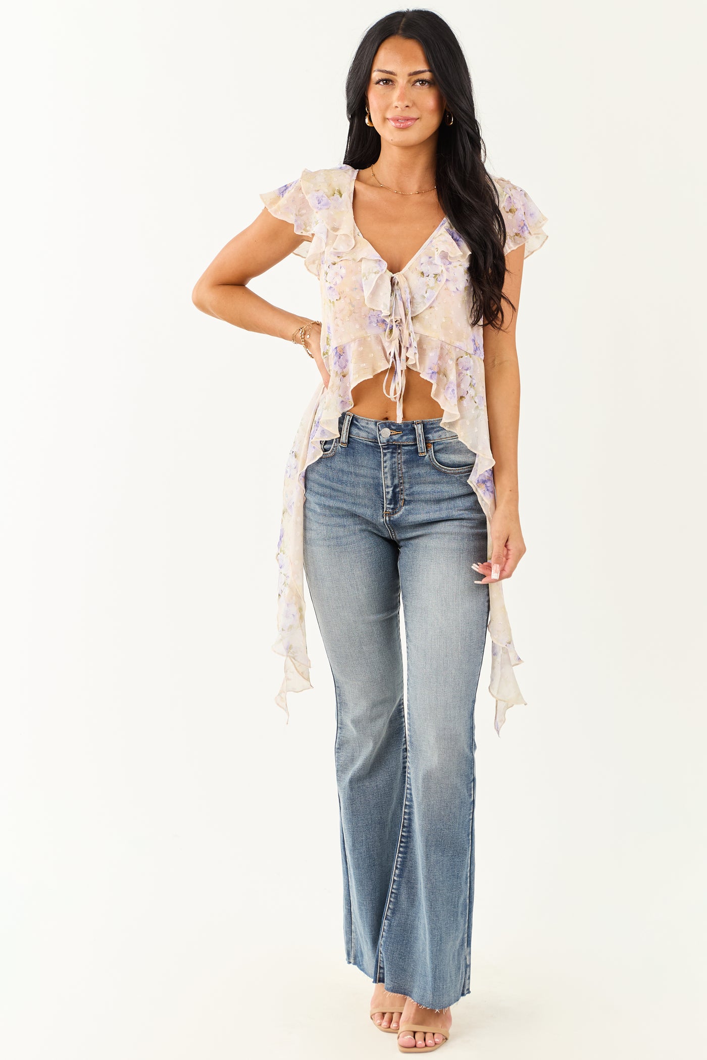 Almond Floral Tie Front Side Drape Chiffon Ruffle Top