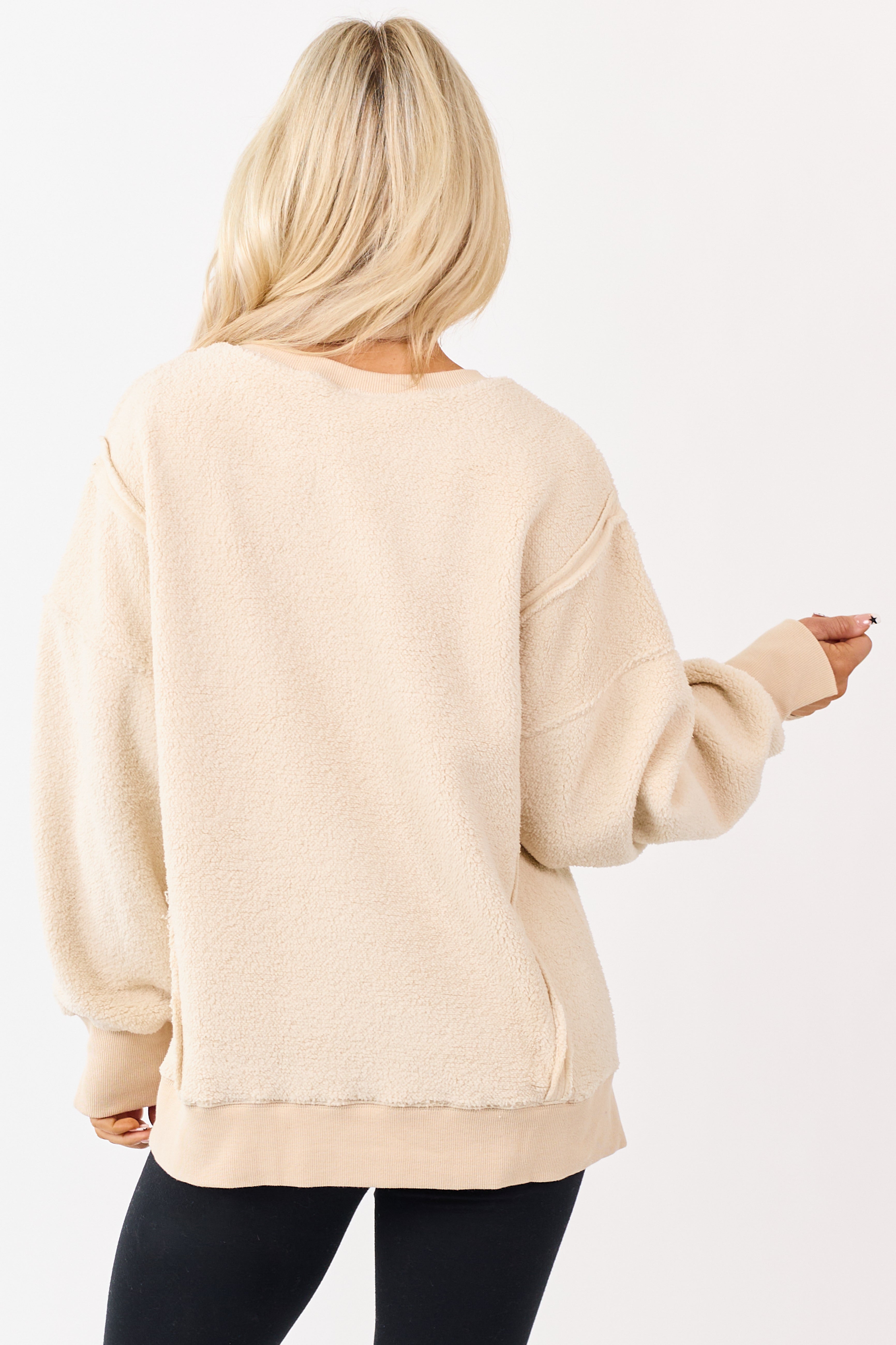 Almond Hem Slit Exposed Seam Fleece Sweater