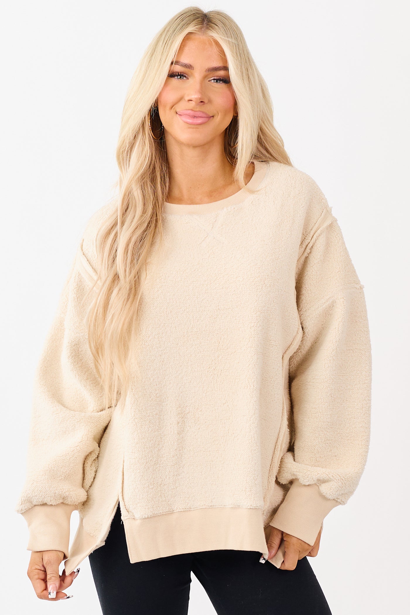 Almond Hem Slit Exposed Seam Fleece Sweater