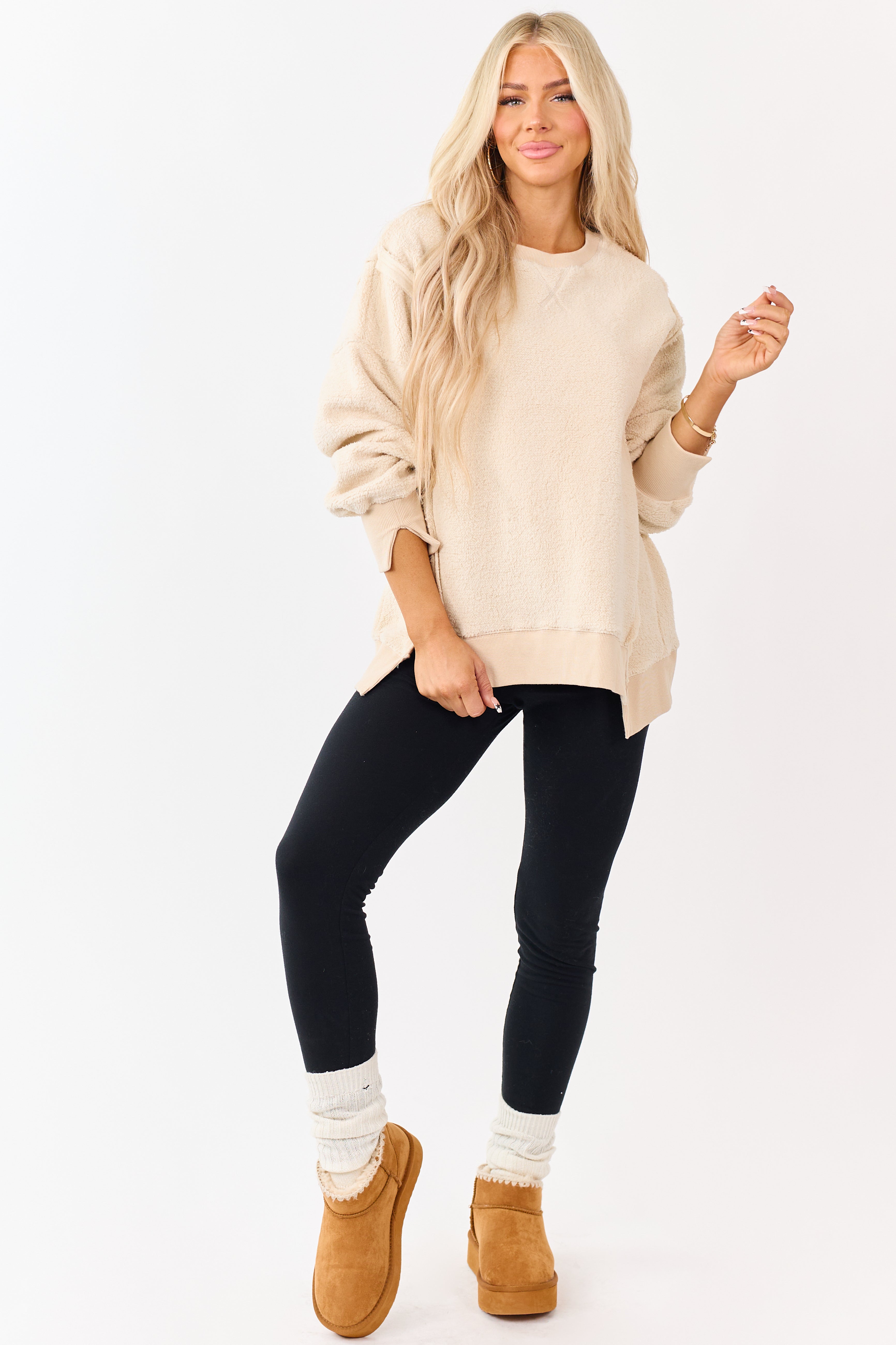 Almond Hem Slit Exposed Seam Fleece Sweater