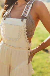 Almond Lace Trim Tiered Cotton Overalls Romper